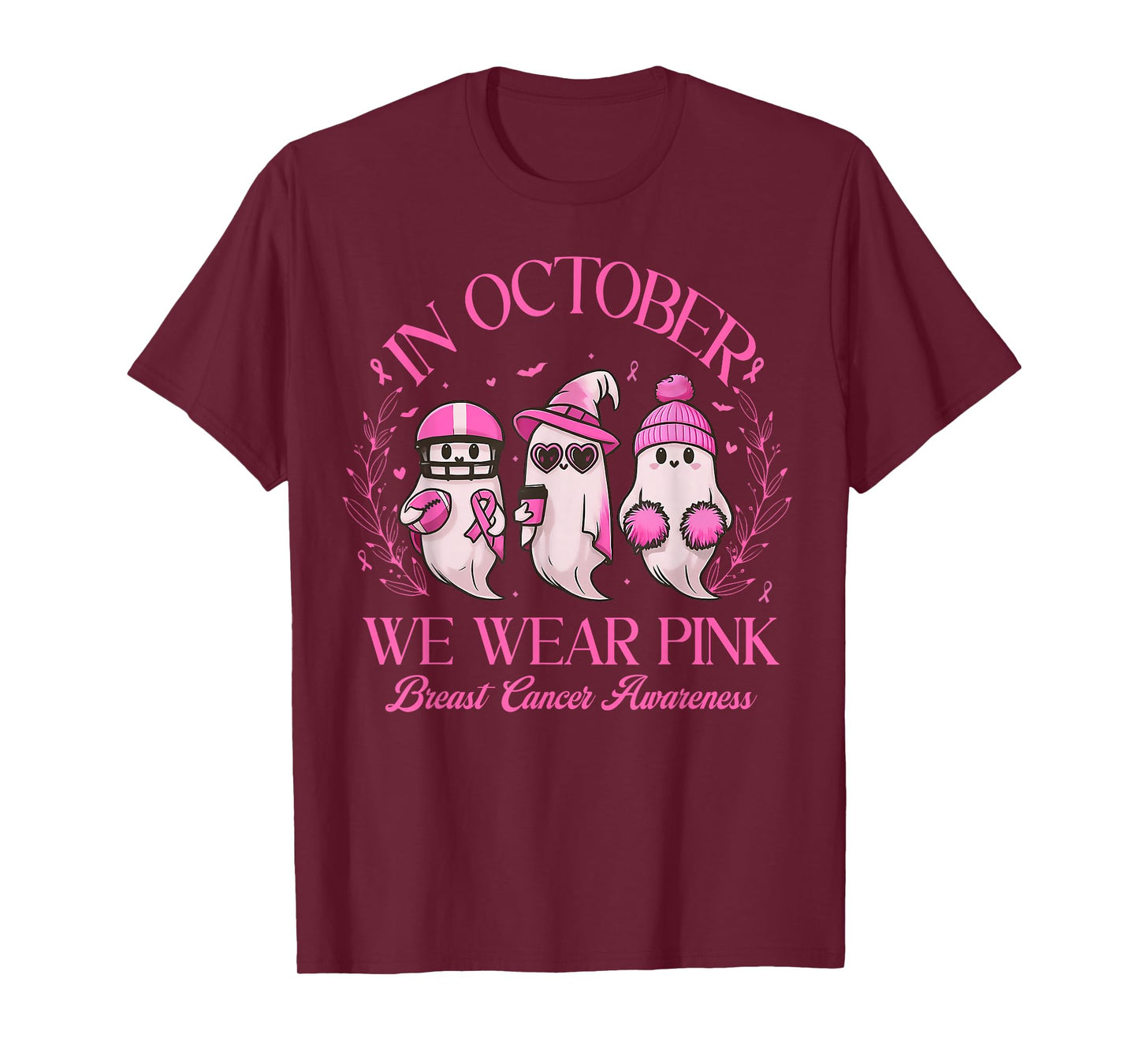 in October We Wear Pink Ghost Halloween Breast Cancer T-Shirt
