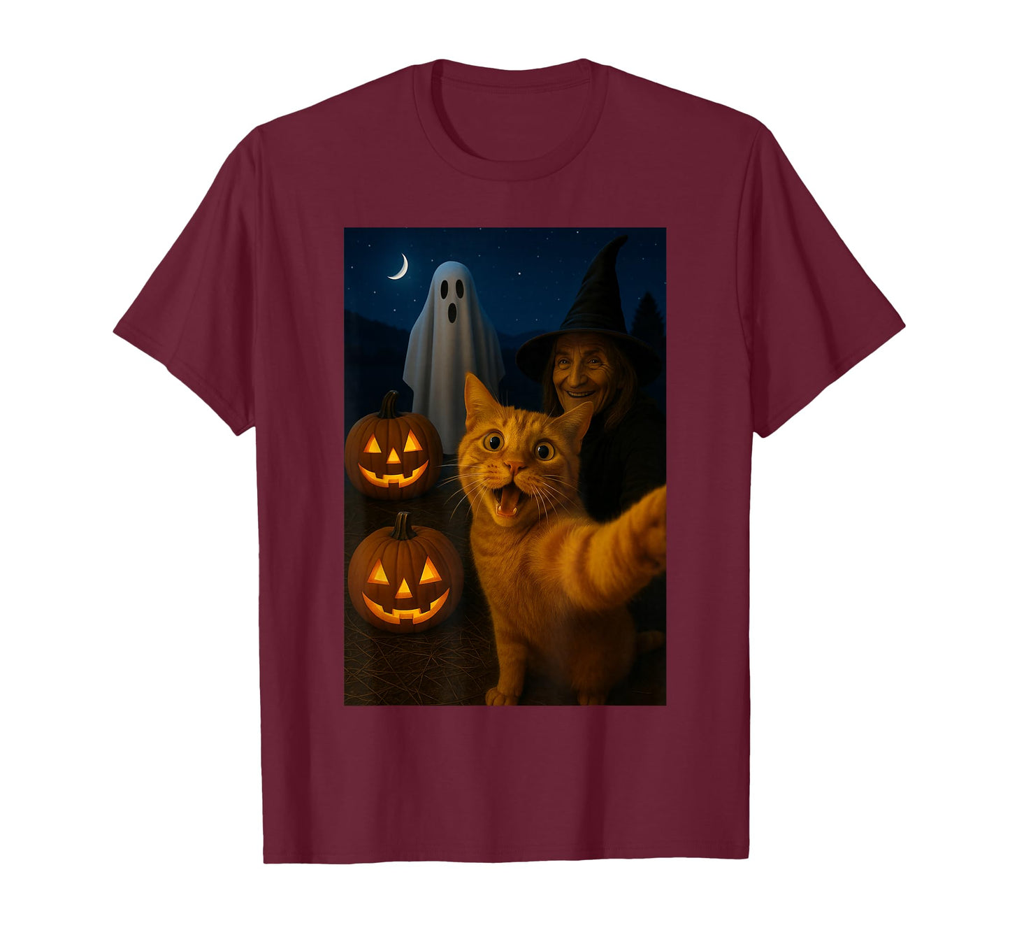 Funny Halloween Cat Selfie with Ghost Boo Witch Pumpkin Tees T-Shirt