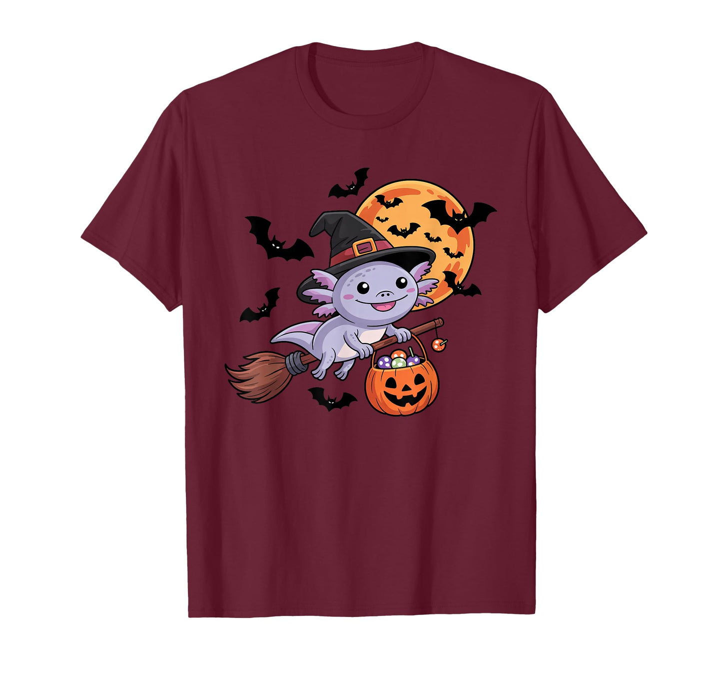 Kawaii Axolotl in Witch Hat on a Broom Halloween Costume T-Shirt