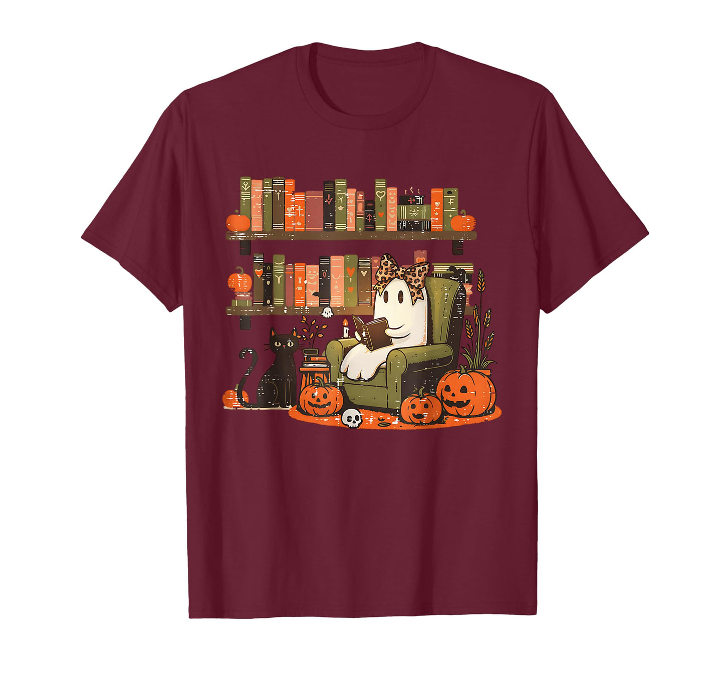 Leopard Coquette Bow Ghost Library Reading Books Halloween T-Shirt