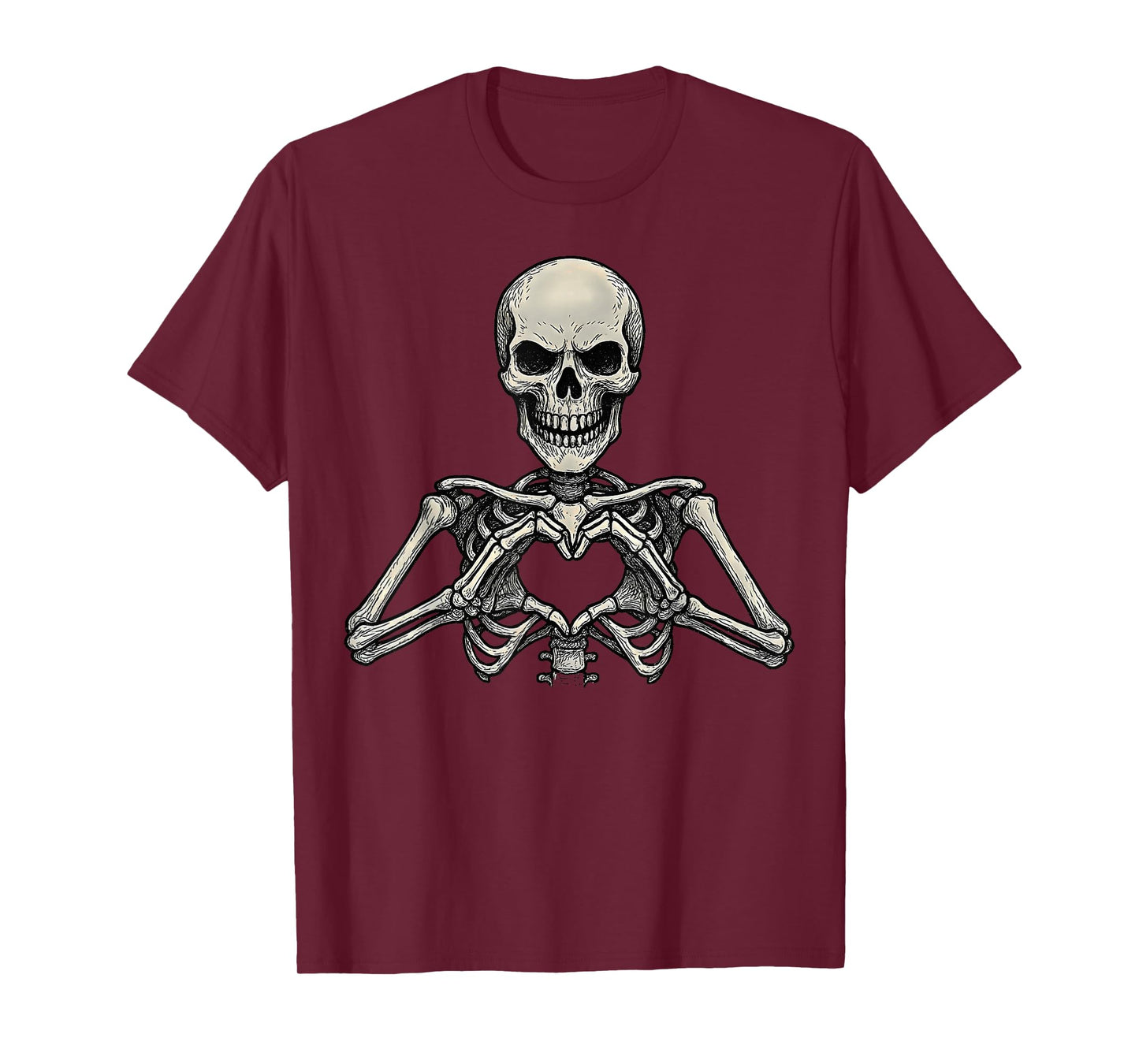 Skeleton Hands Heart Sign Scary Face Funny Halloween Costume T-Shirt