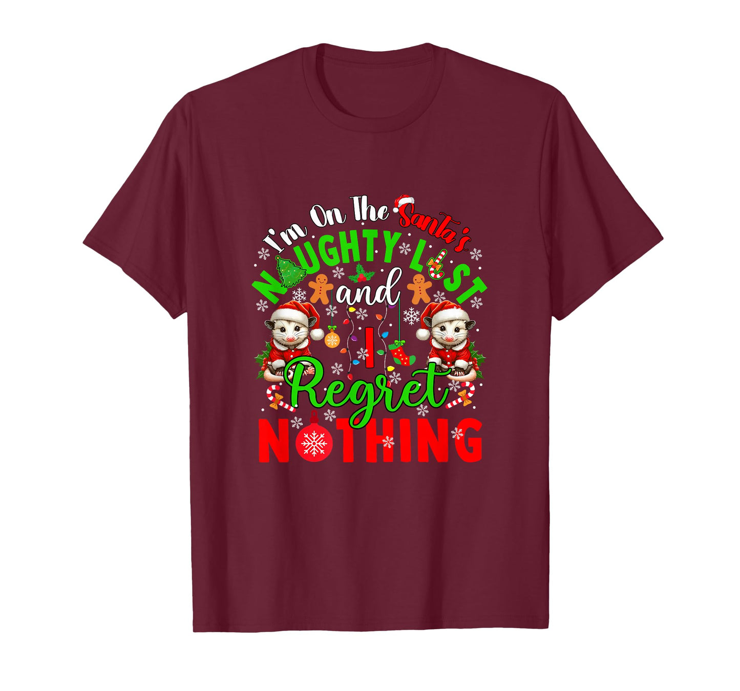 On Santa's Xmas Naughty List Regret Nothing Santa Opossums T-Shirt