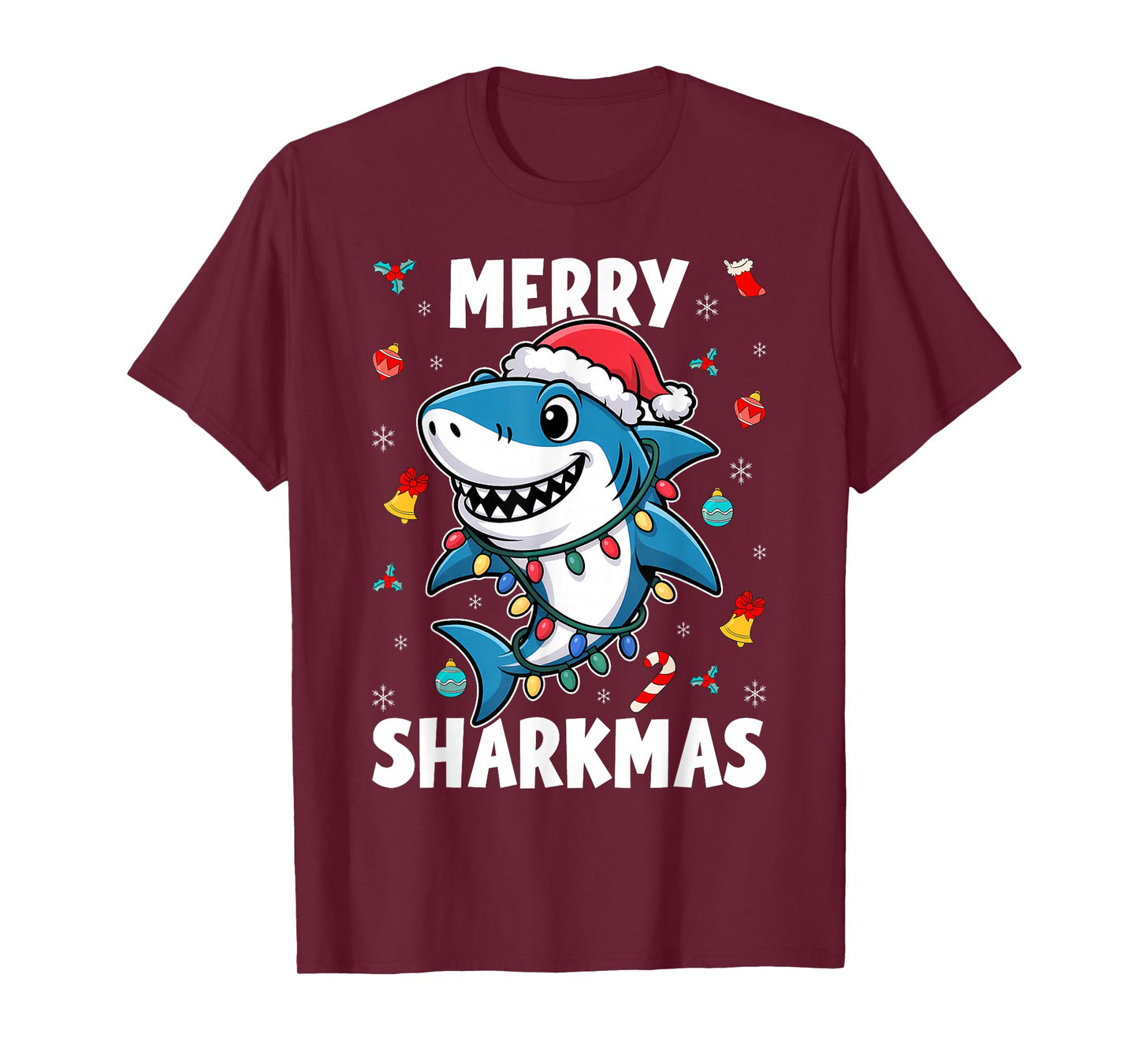 Santa Shark Christmas Lights Boys Merry Sharkmas Xmas T-Shirt