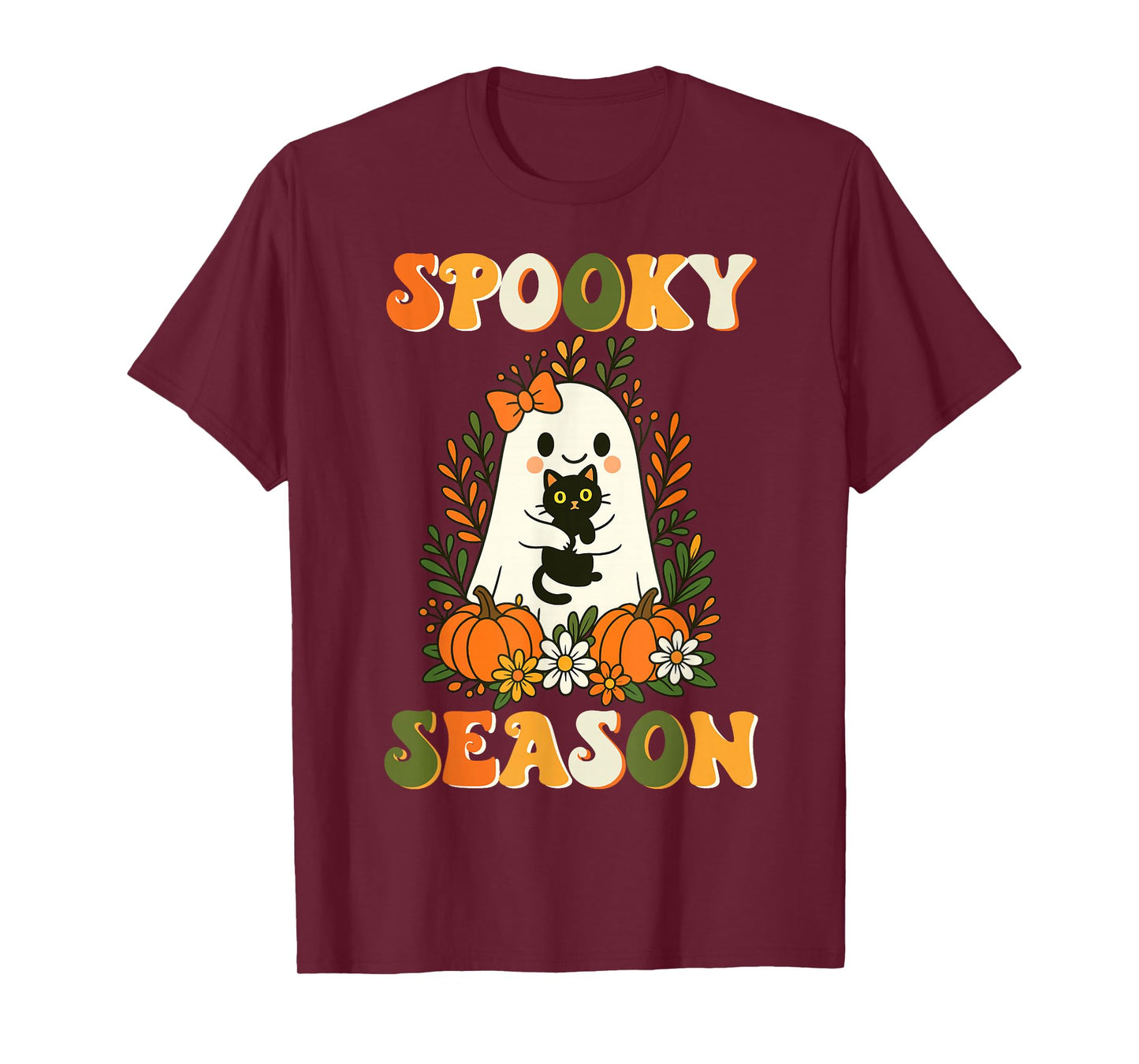 Spooky Season Ghost with Black Cat and Pumpkins Halloween T-Shirt