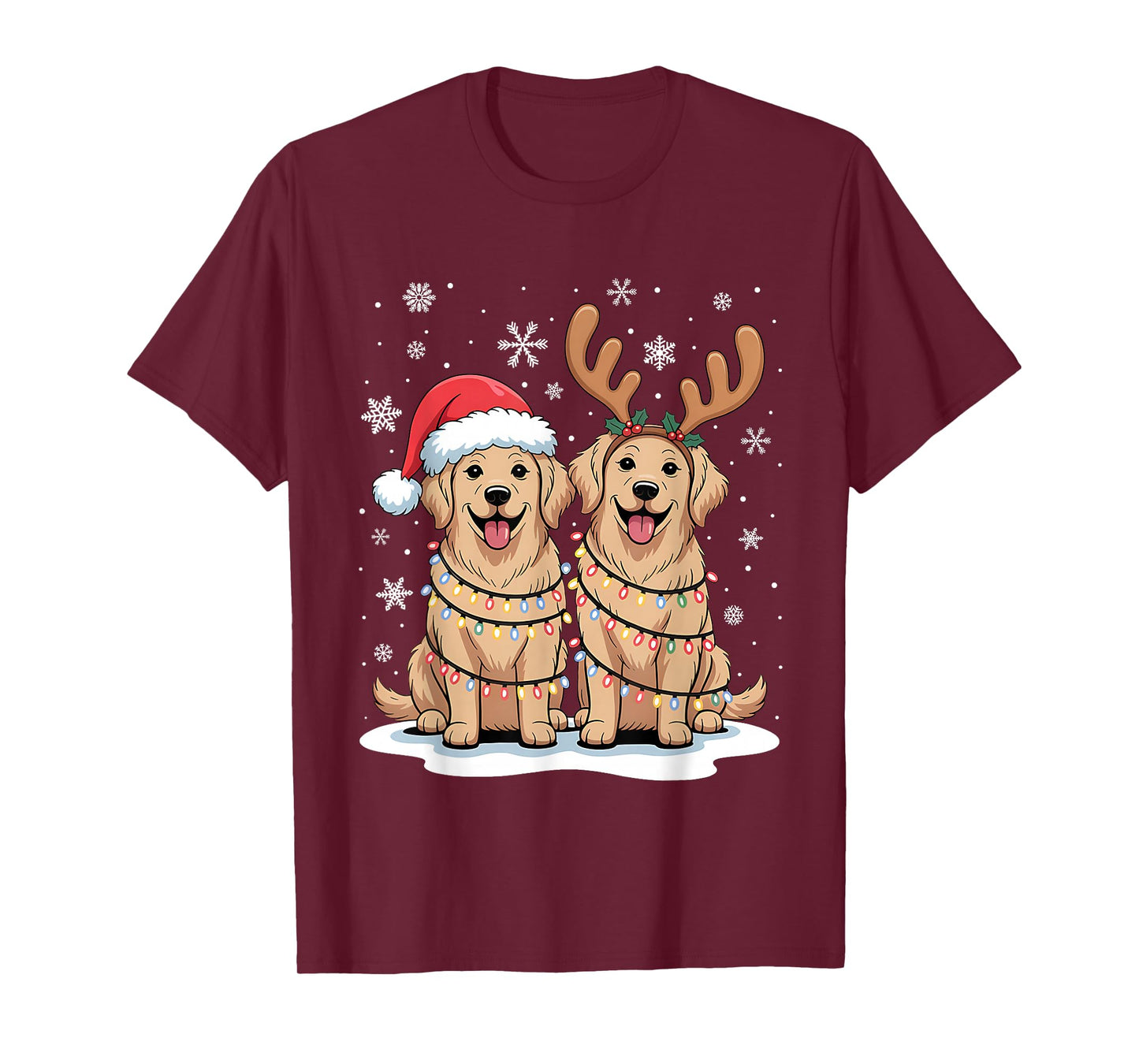 Golden Retriever Christmas Santa Hat Reindeer Lights Pajama T-Shirt