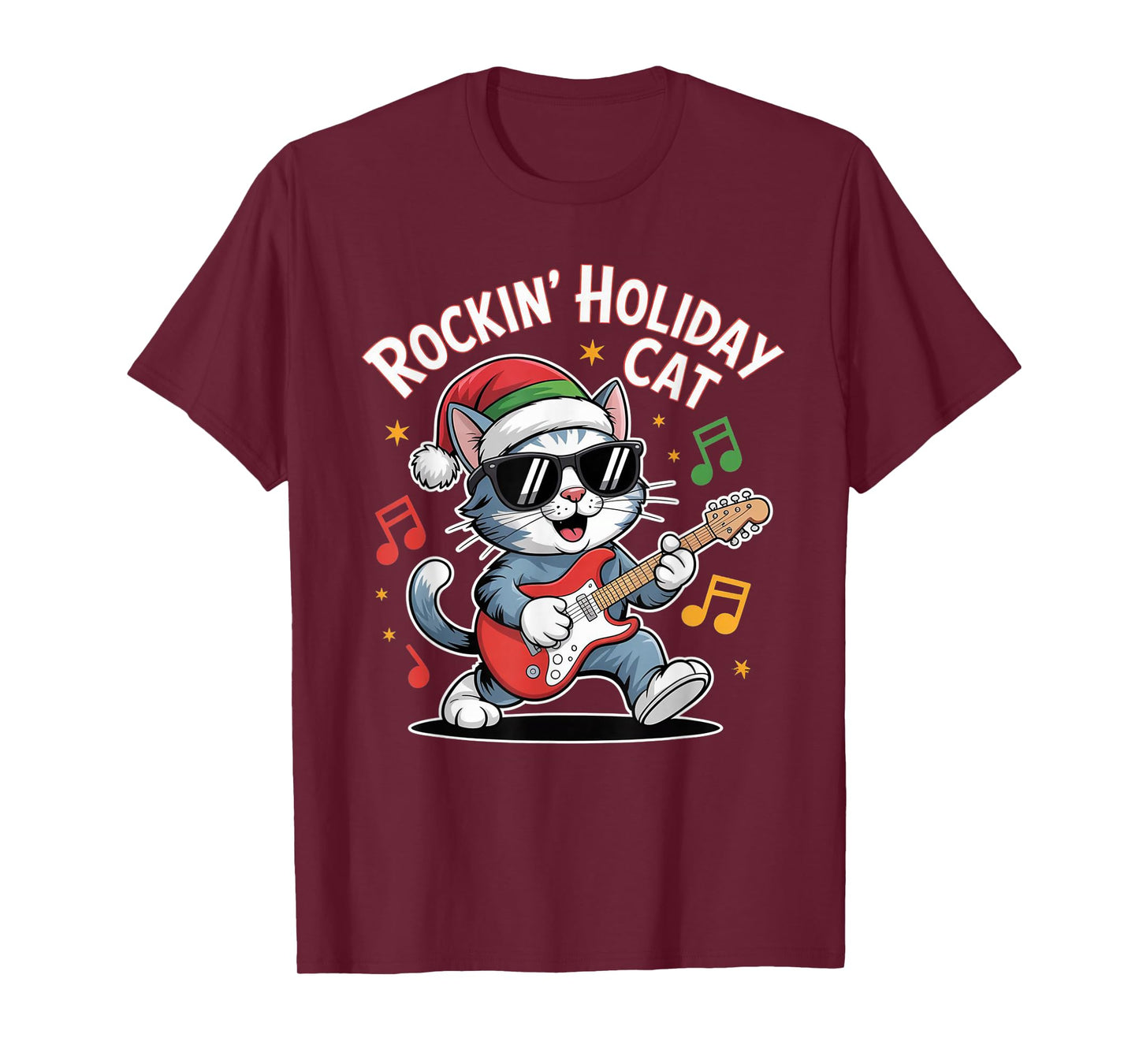 Christmas Santa Hat Cat Playing Guitar Rock and Roll T-Shirt