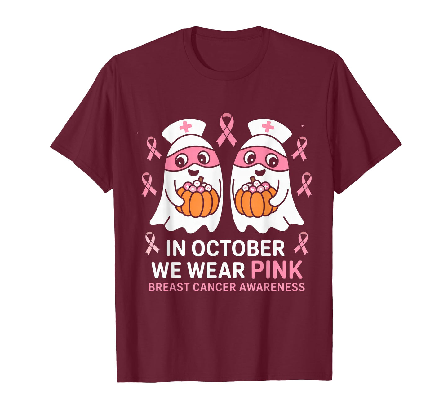 in October We Wear Pink Ghost Witch Breast Cancer Awareness T-Shirt