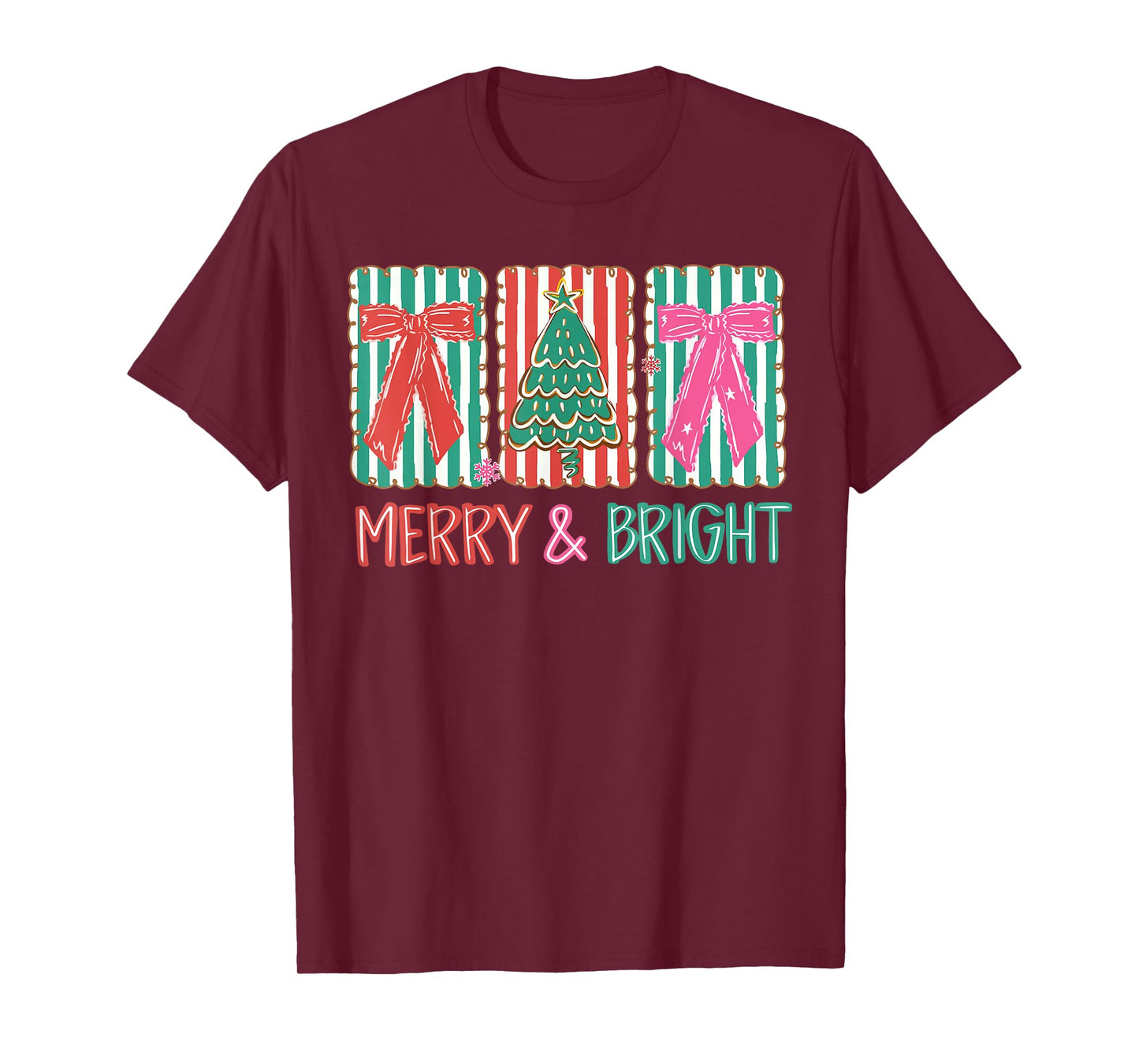 Merry & Bright Christmas Xmas Tree Coquette Bow Holiday T-Shirt