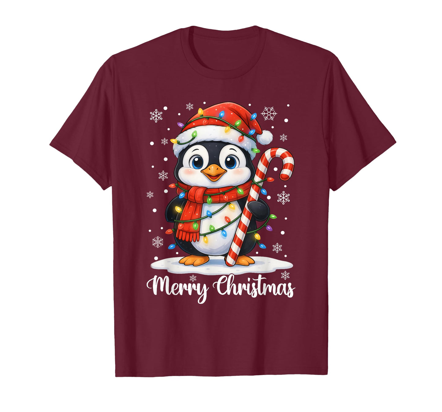 Merry Christmas Penguin Santa Hat Xmas Light Gift Boys Men T-Shirt