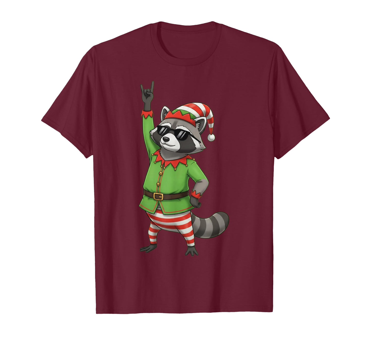 Funny Christmas Raccoon Dressed as Elf with Sunglasses T-Shirt