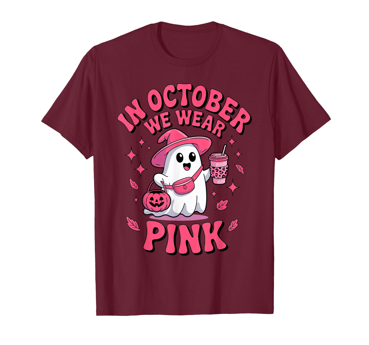 Cute Ghost Drinking Coffee in October We Wear Pink Costume T-Shirt