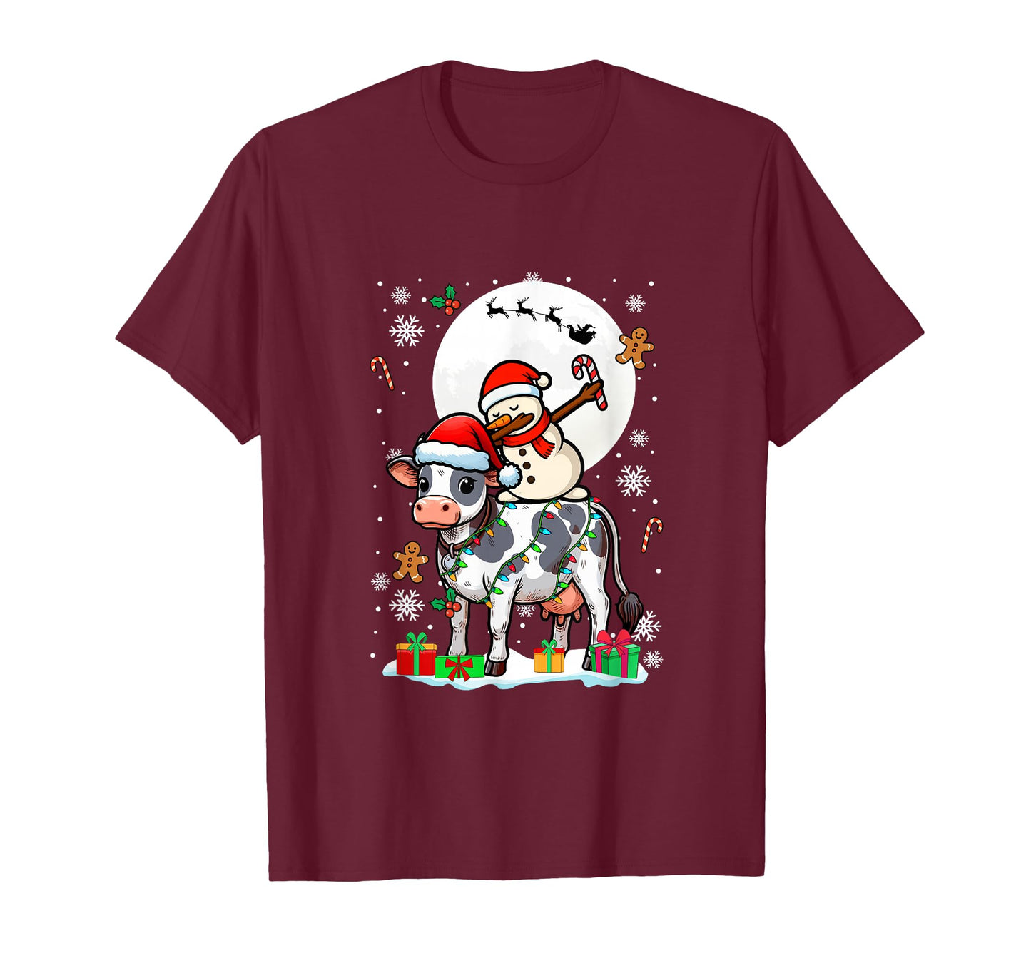 Dabbing Snowman On Cow Christmas Santa Colorful Lights T-Shirt