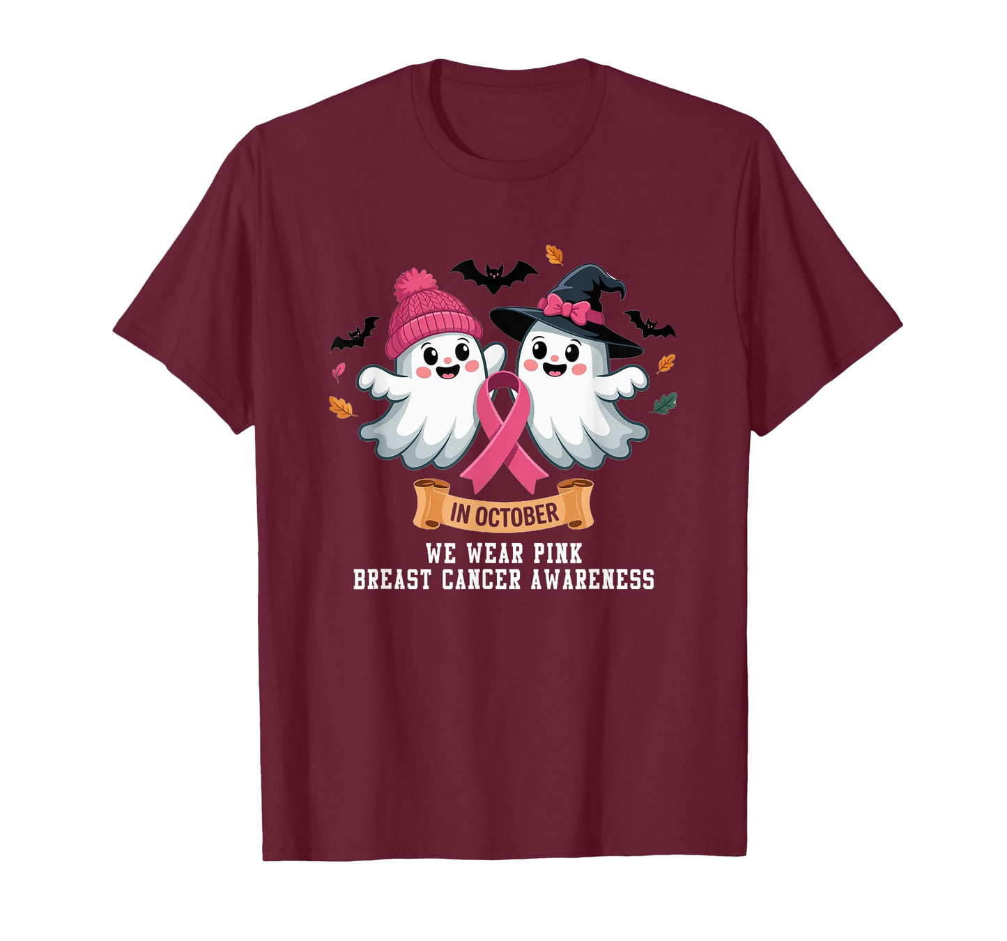 in October We Wear Pink Ghost Witch Breast Cancer Awareness T-Shirt