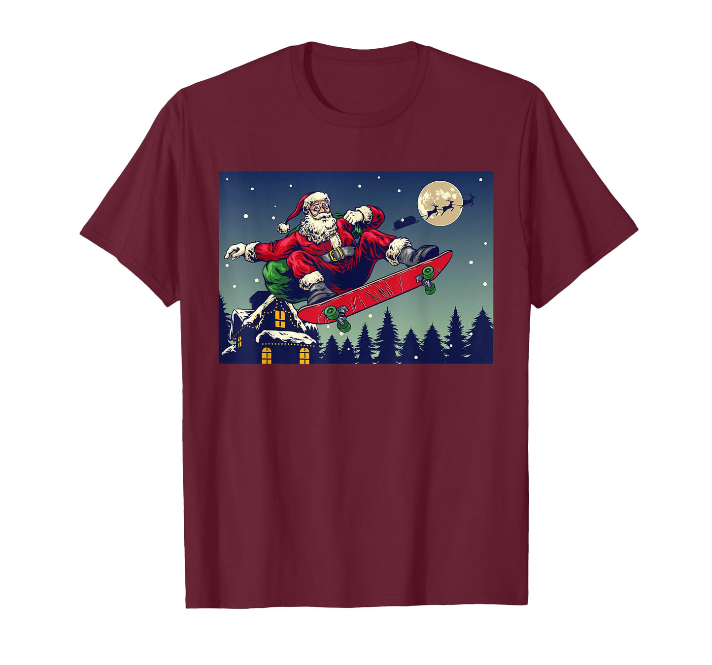 Santa Claus Skateboarding with Gifts Sack Christmas T-Shirt