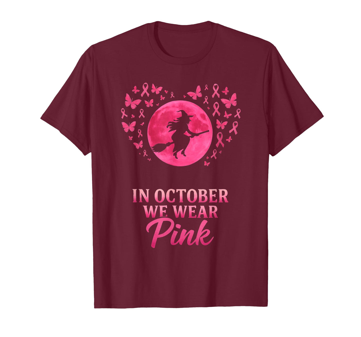in October We Wear Pink Flying Witch Breast Cancer Support T-Shirt