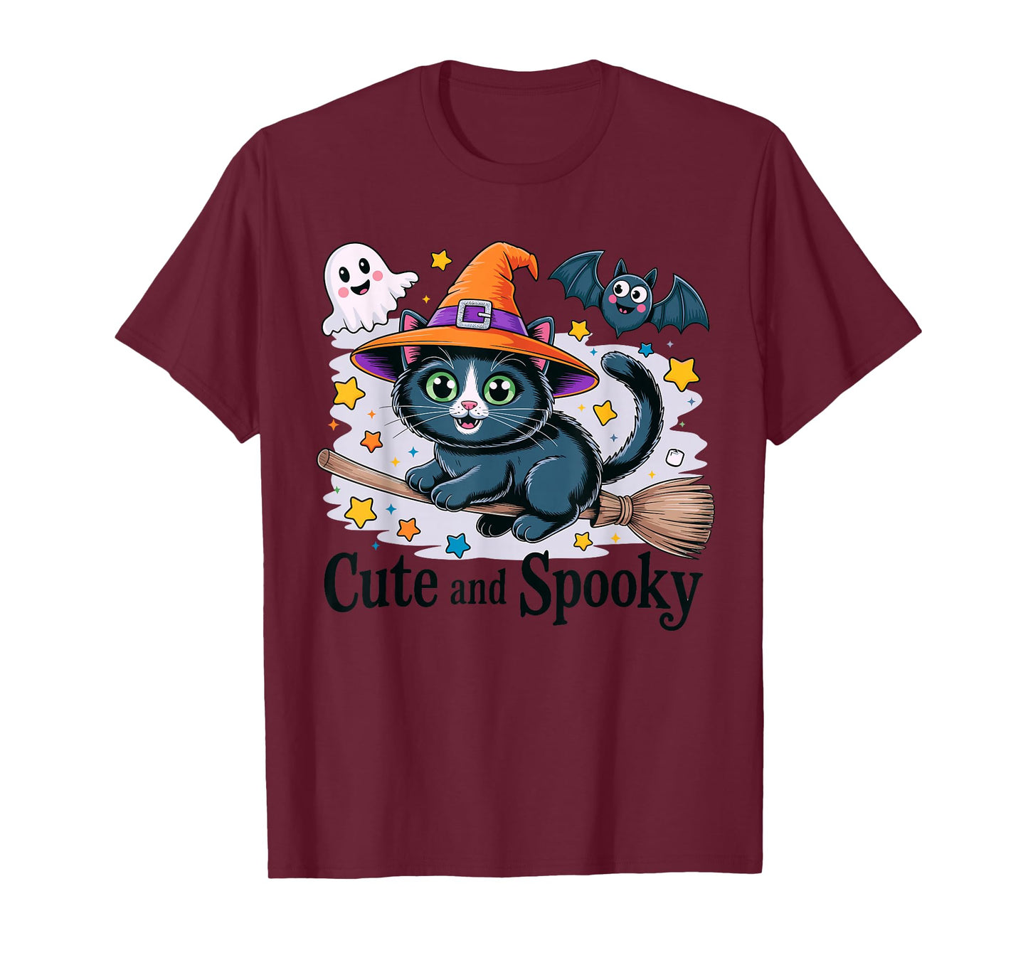 Adorable Halloween Witch Cat On Broom with Spooky Ghost T-Shirt