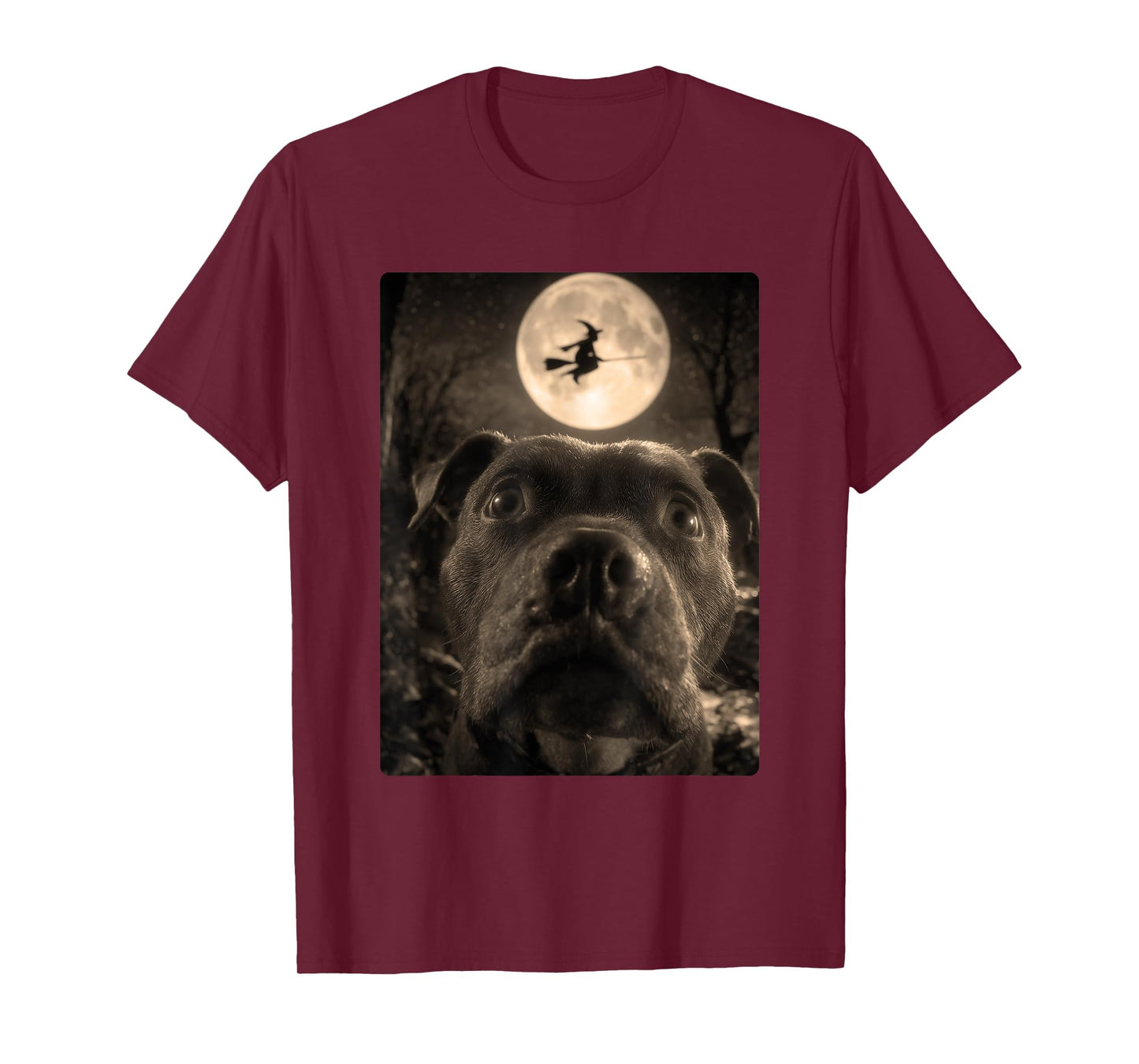 Funny Pit Bull Selfie Full Moon Flying Witch Halloween Dog T-Shirt