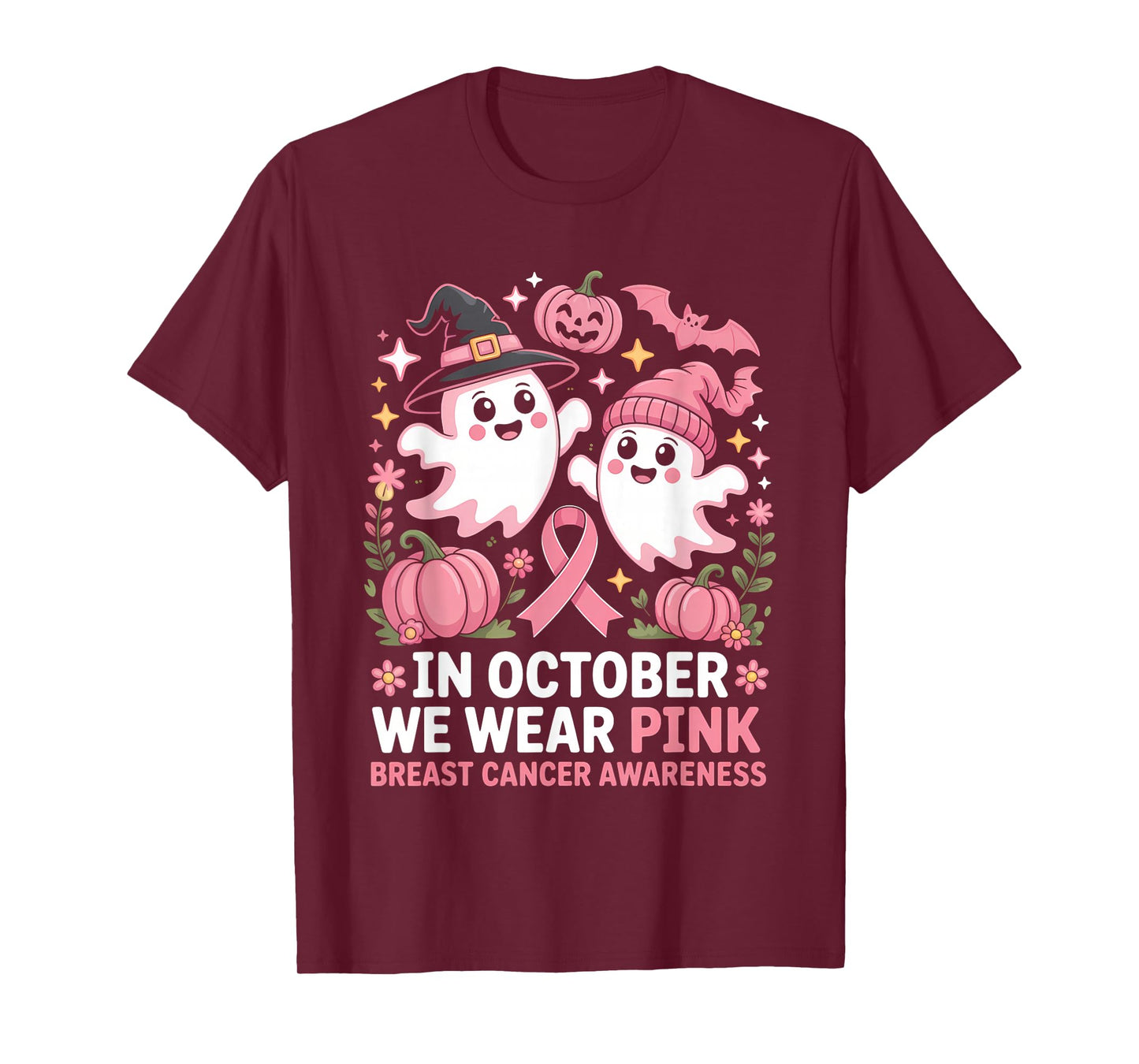 in October We Wear Pink Ghost Witch Breast Cancer Awareness T-Shirt