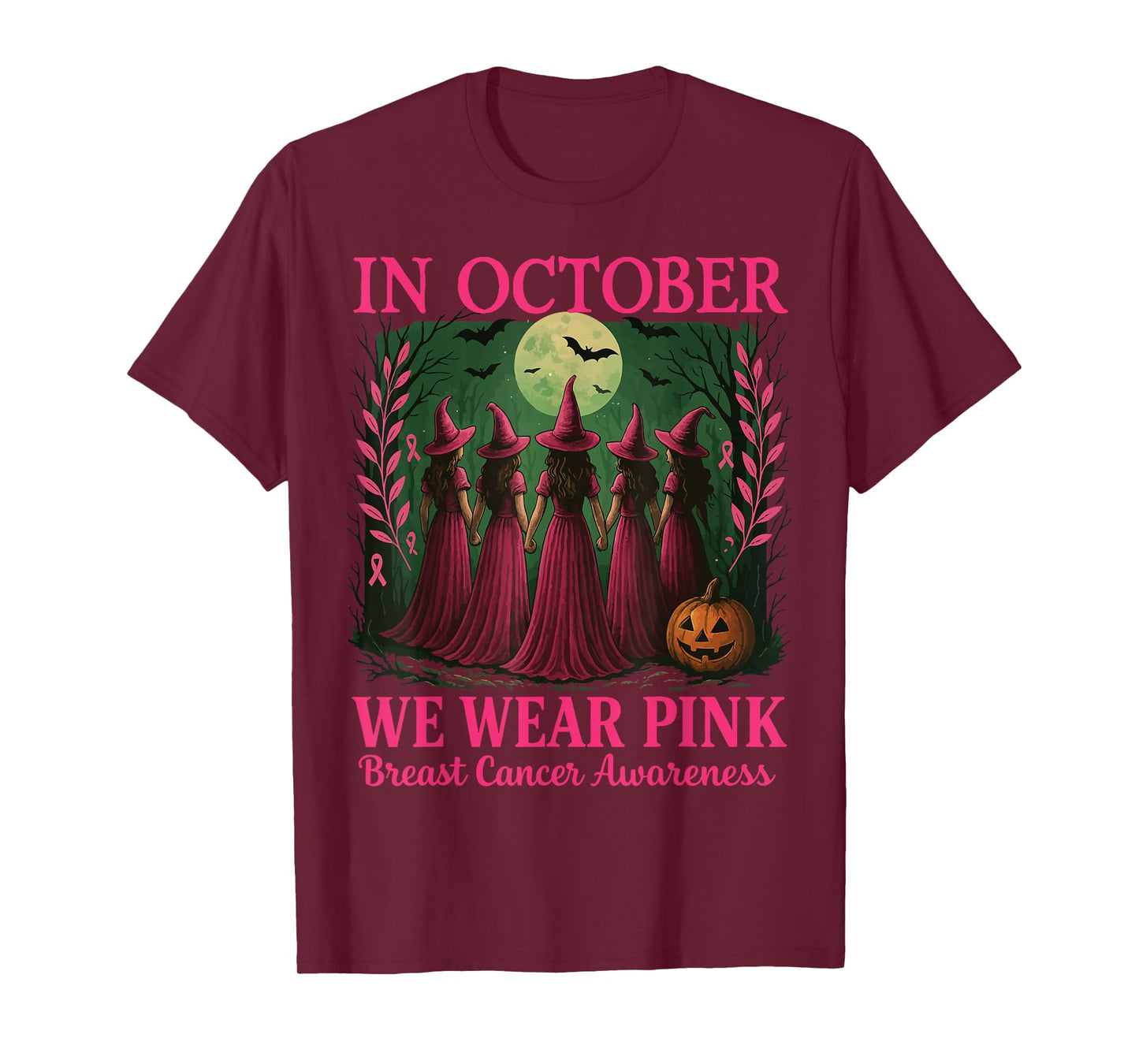 in October We Wear Pink Witch Hat Breast Cancer Ribbon T-Shirt