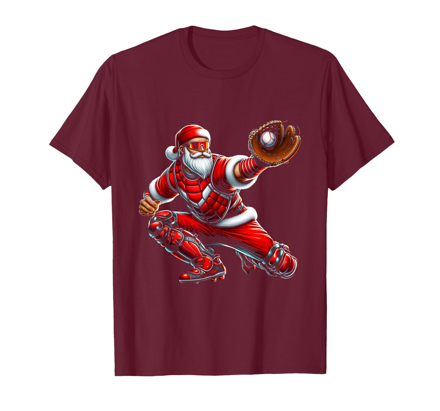 Santa Playing Baseball Catcher Merry Christmas Sport Player T-Shirt