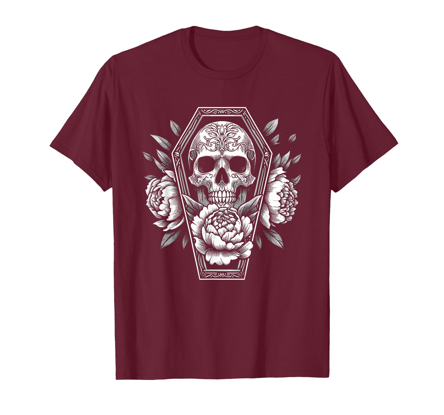 Goth Skull and Roses in Coffin Halloween Spooky Occult Pagan T-Shirt
