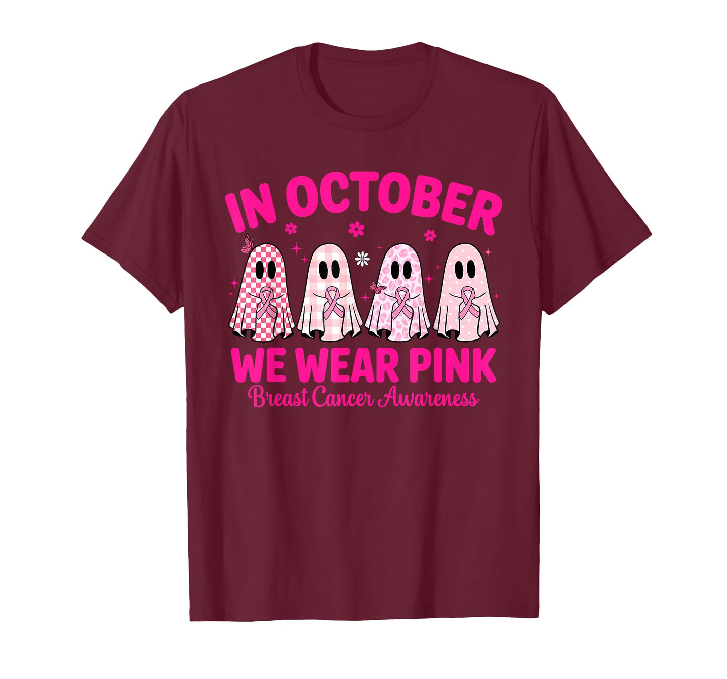 in October We Wear Pink Ghost Breast Cancer Awareness T-Shirt
