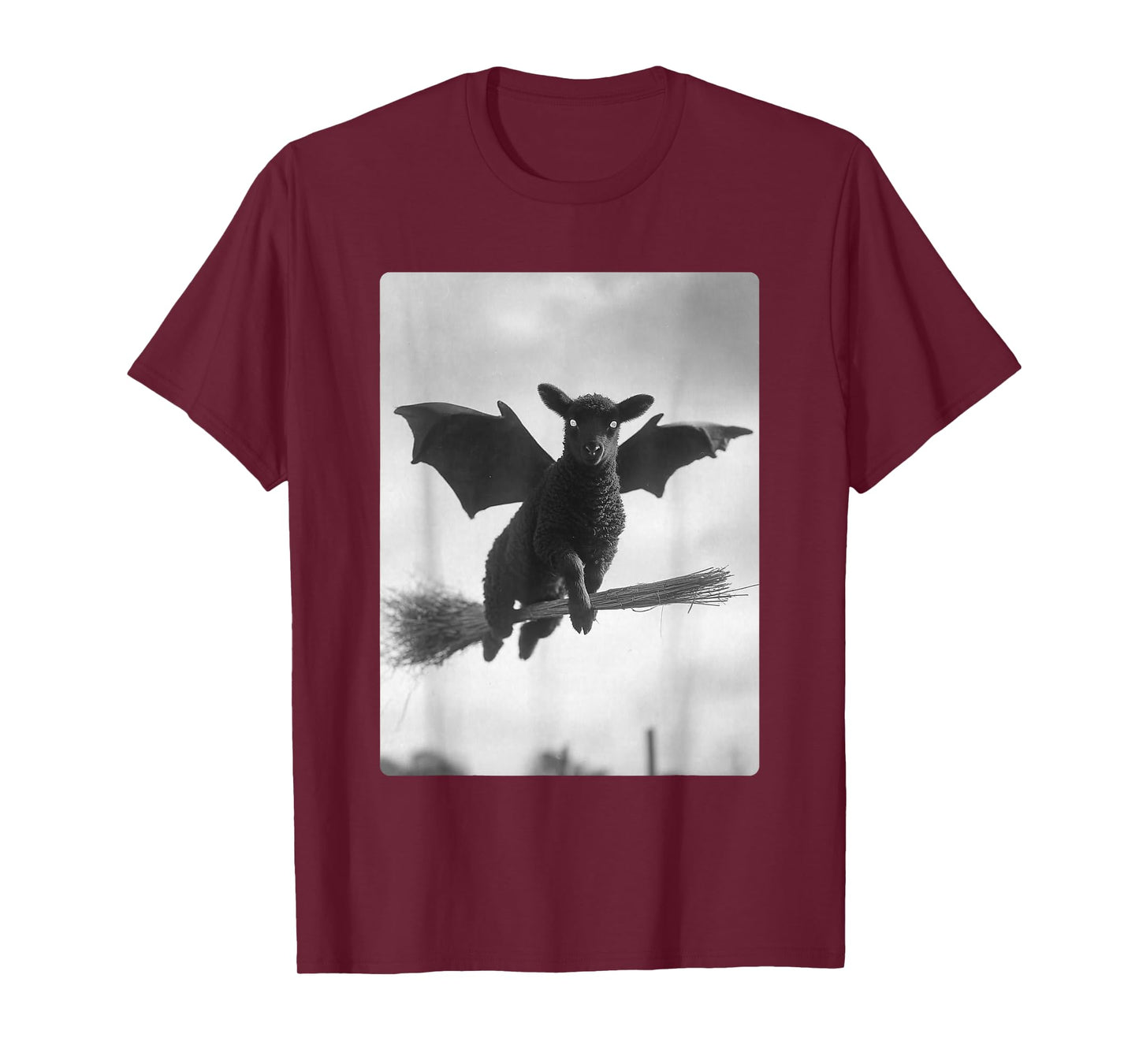 Gothic Sheep Flying Witch Broom Bat Wings Spooky Halloween T-Shirt