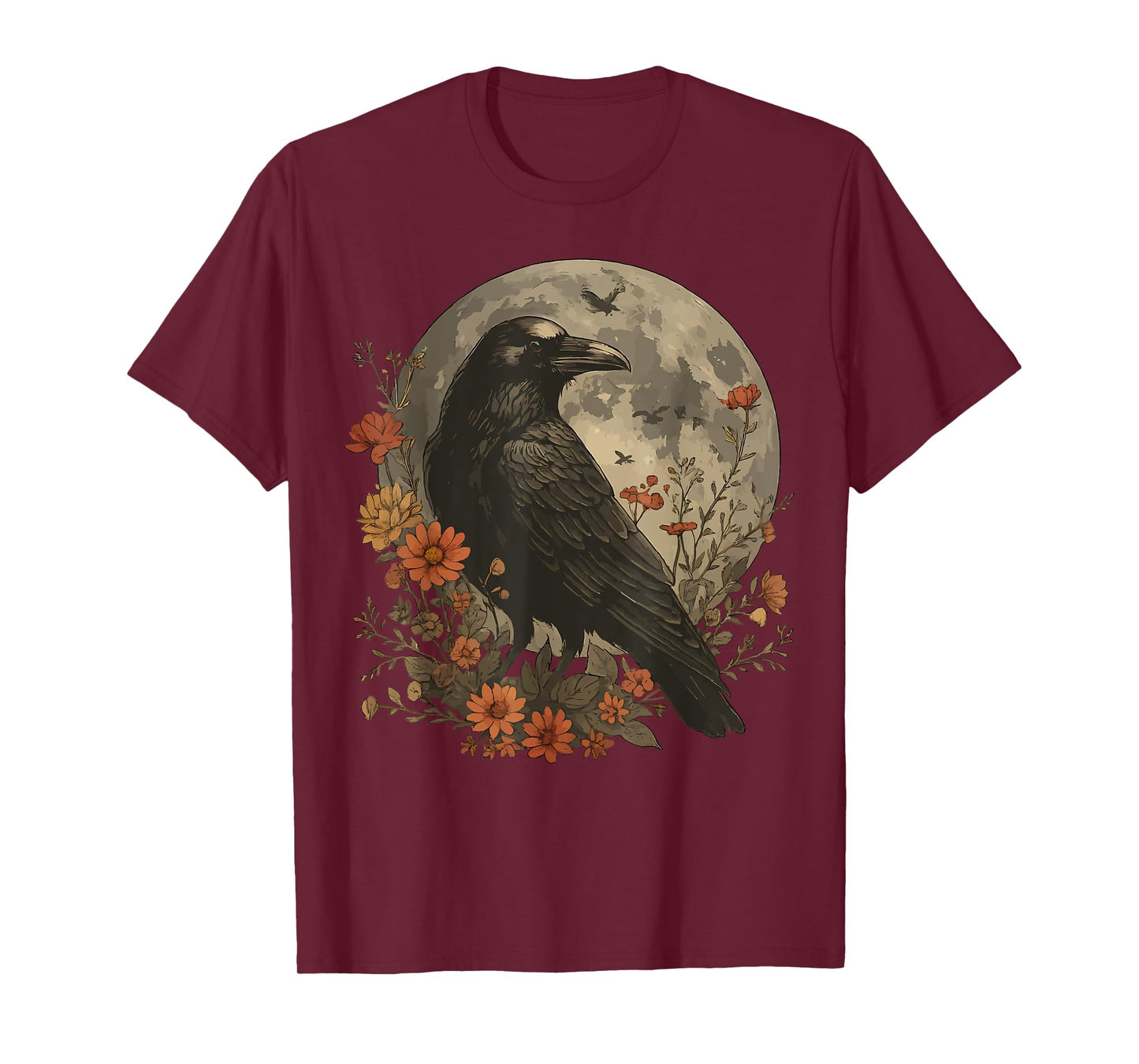 Mystic Raven Full Moon Gothic Crow Bird Floral Dark Nature T-Shirt