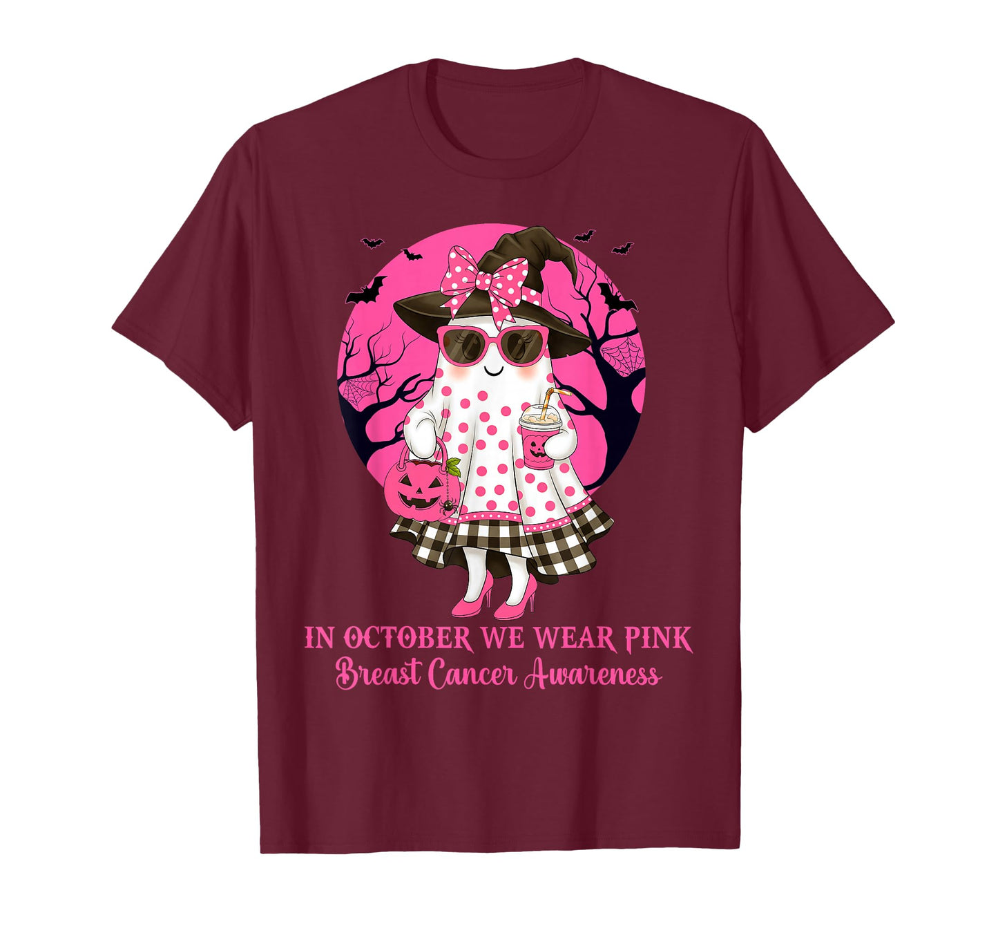 in October We Wear Pink Ghost Witch Breast Cancer Awareness T-Shirt