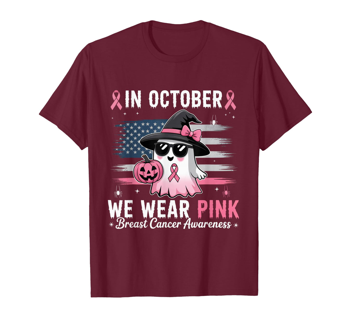 in October We Wear Pink Ghost Witch Breast Cancer Awareness T-Shirt