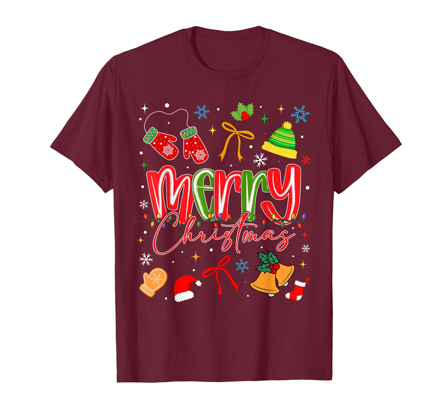 Merry Christmas Santa Hat Bow Lights Xmas Pajamas Girly T-Shirt