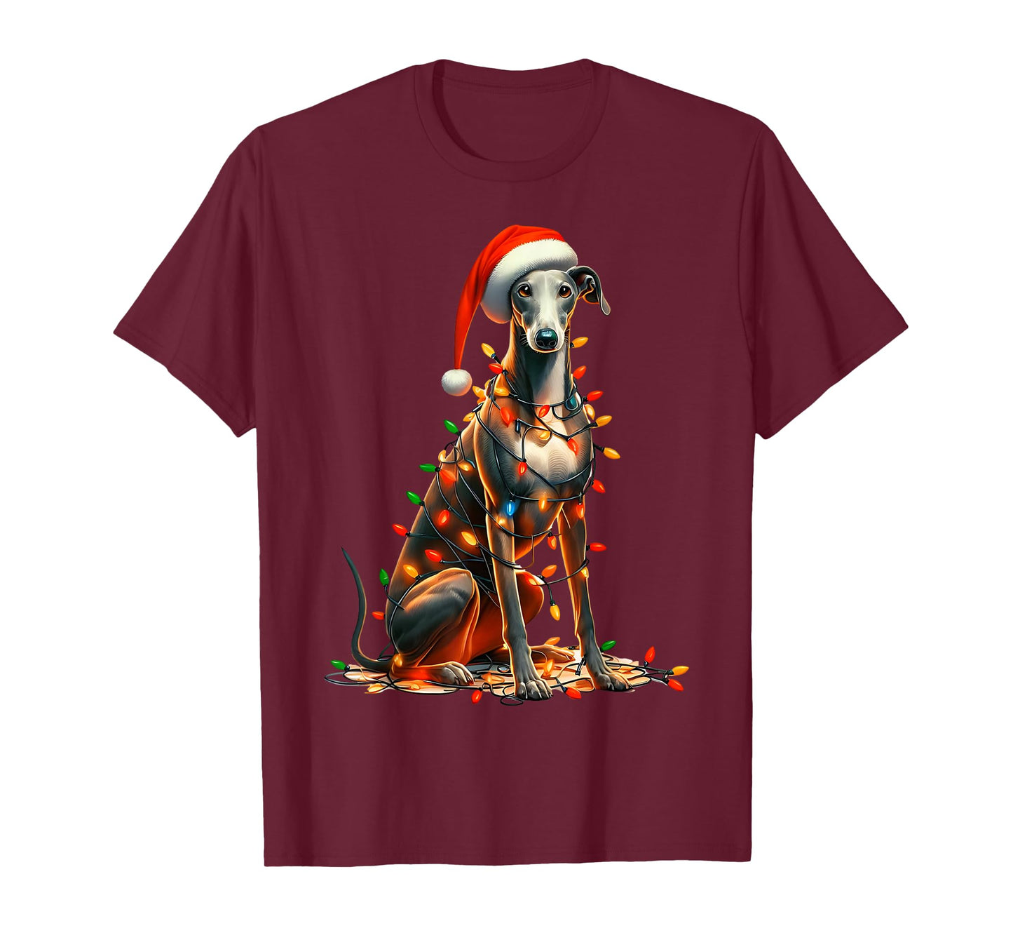 Greyhound Dog Christmas Lights Santa Hat Dog Lover T-Shirt