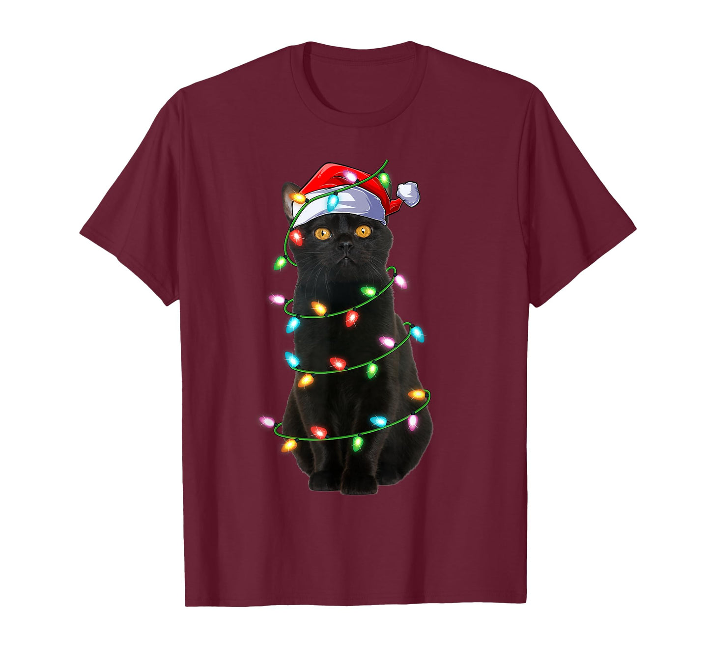 Black Cat Christmas Lights Funny Santa Hat Cat Xmas T-Shirt