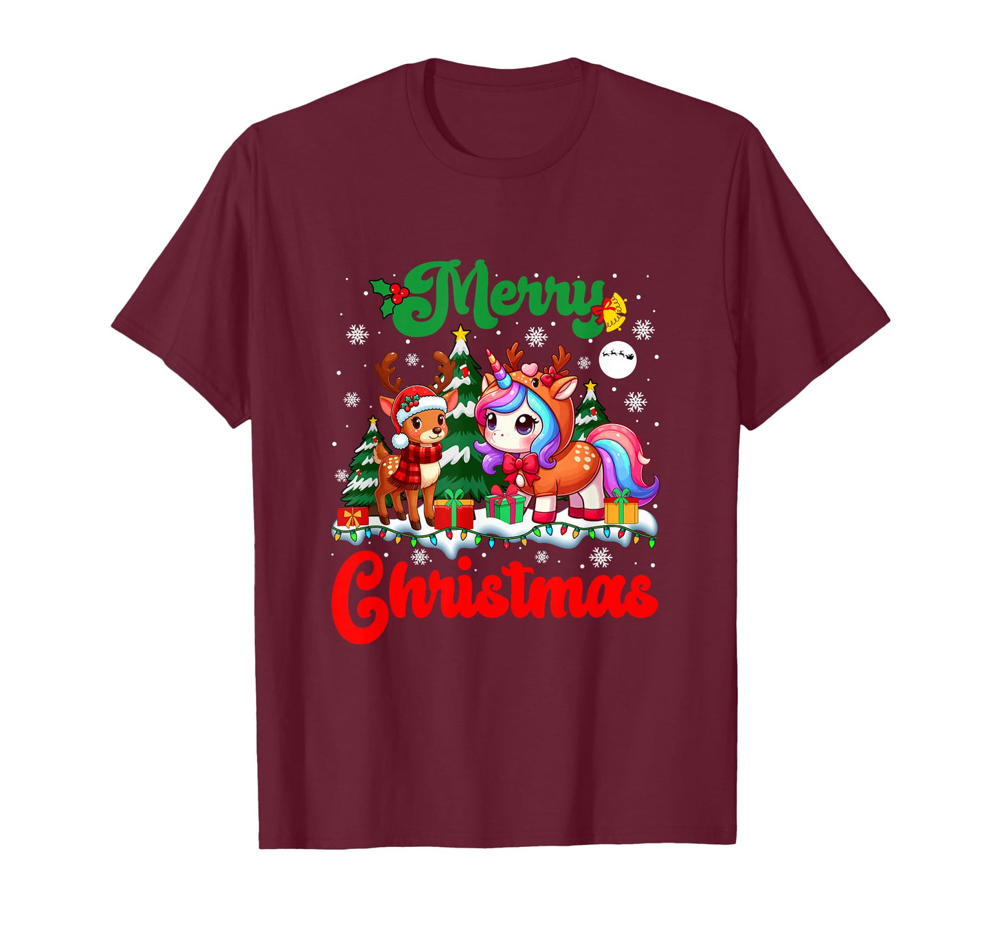 Merry Christmas Reindeer Unicorn Colorful Lights Xmas Tree T-Shirt