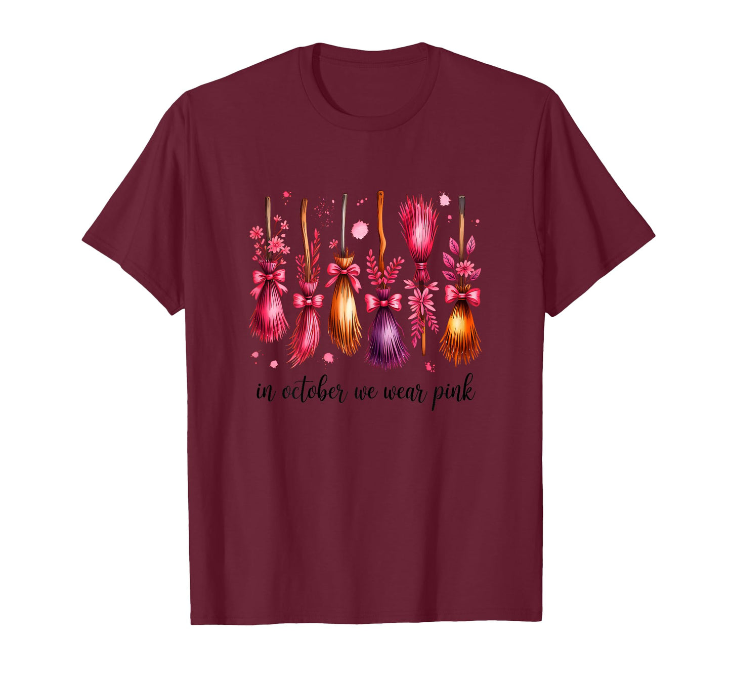 in October We Wear Pink Witches Brooms Spooky Breast Cancer T-Shirt