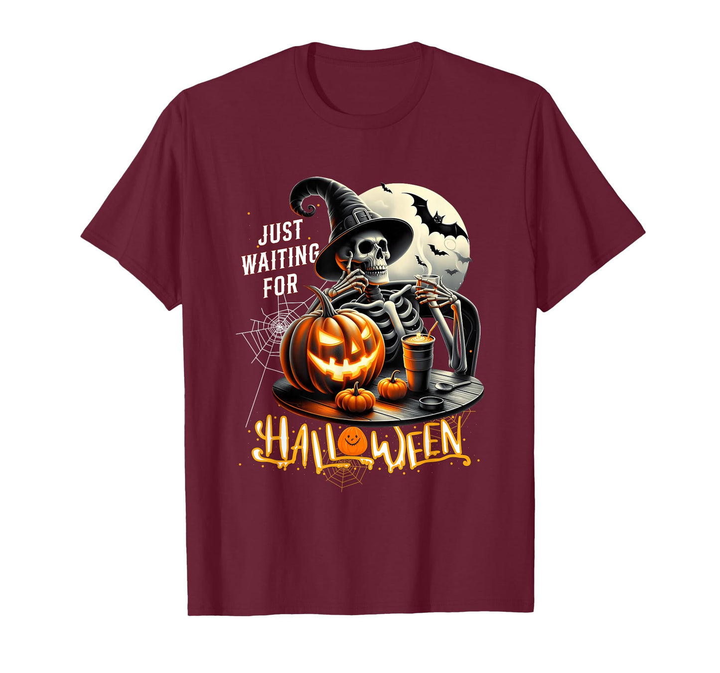 JustWaiting for Halloween Skeleton Witch Pumpkin Ghost T-Shirt