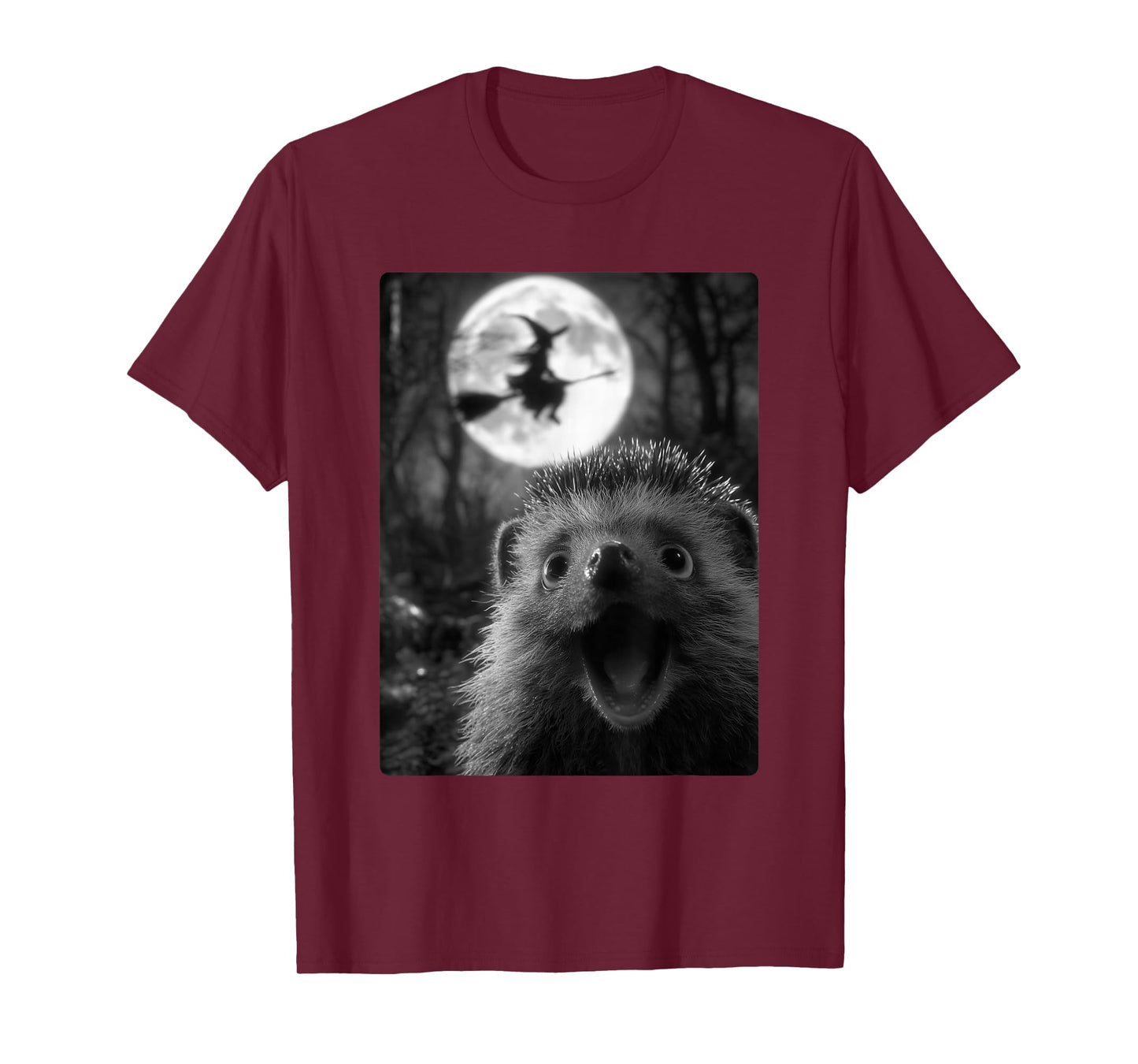 Funny Hedgehog Selfie with Full Moon Flying Witch Halloween T-Shirt