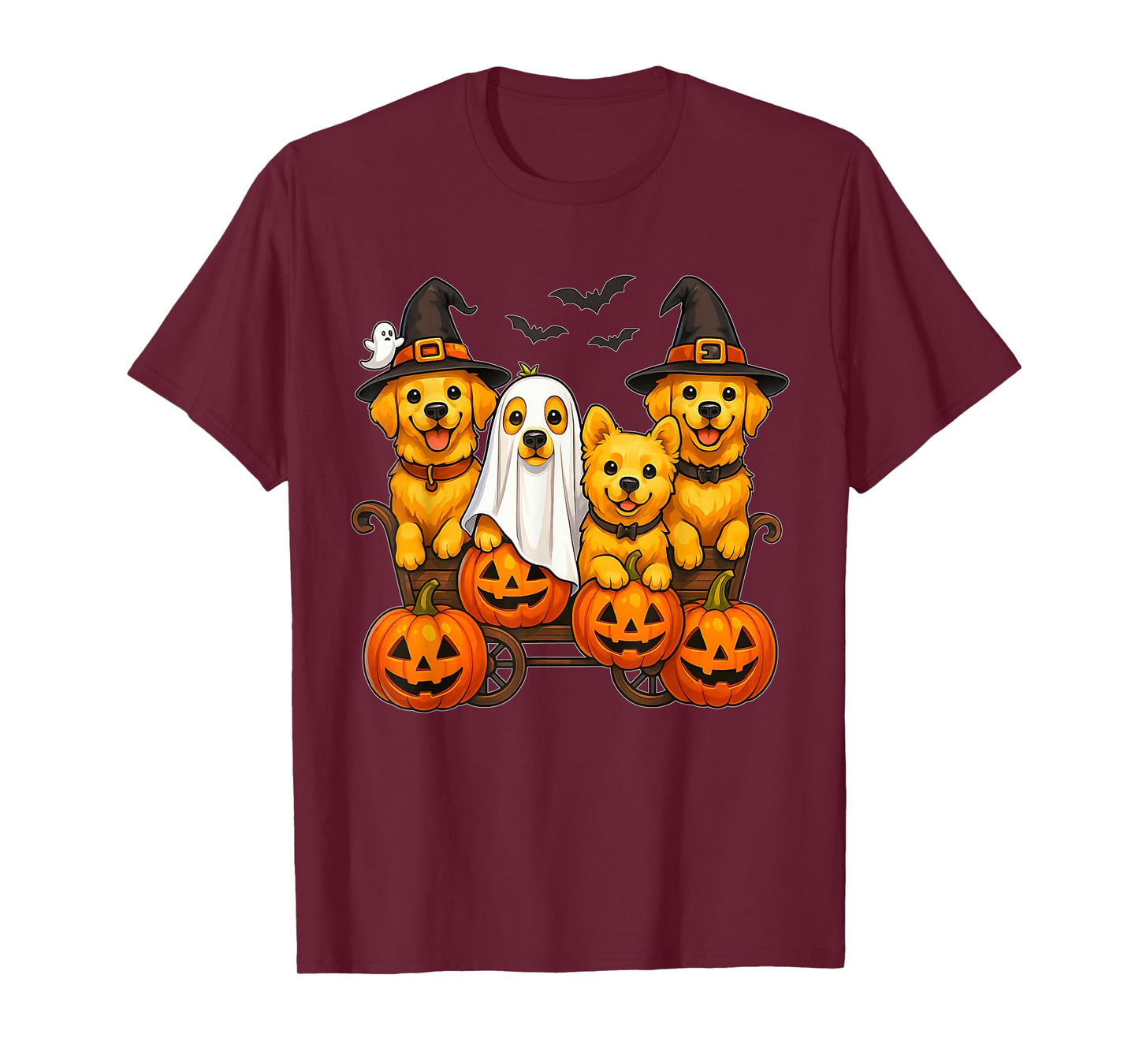 Halloween Retriever Dogs Ghost Witch Pumpkins Wooden Wagon T-Shirt