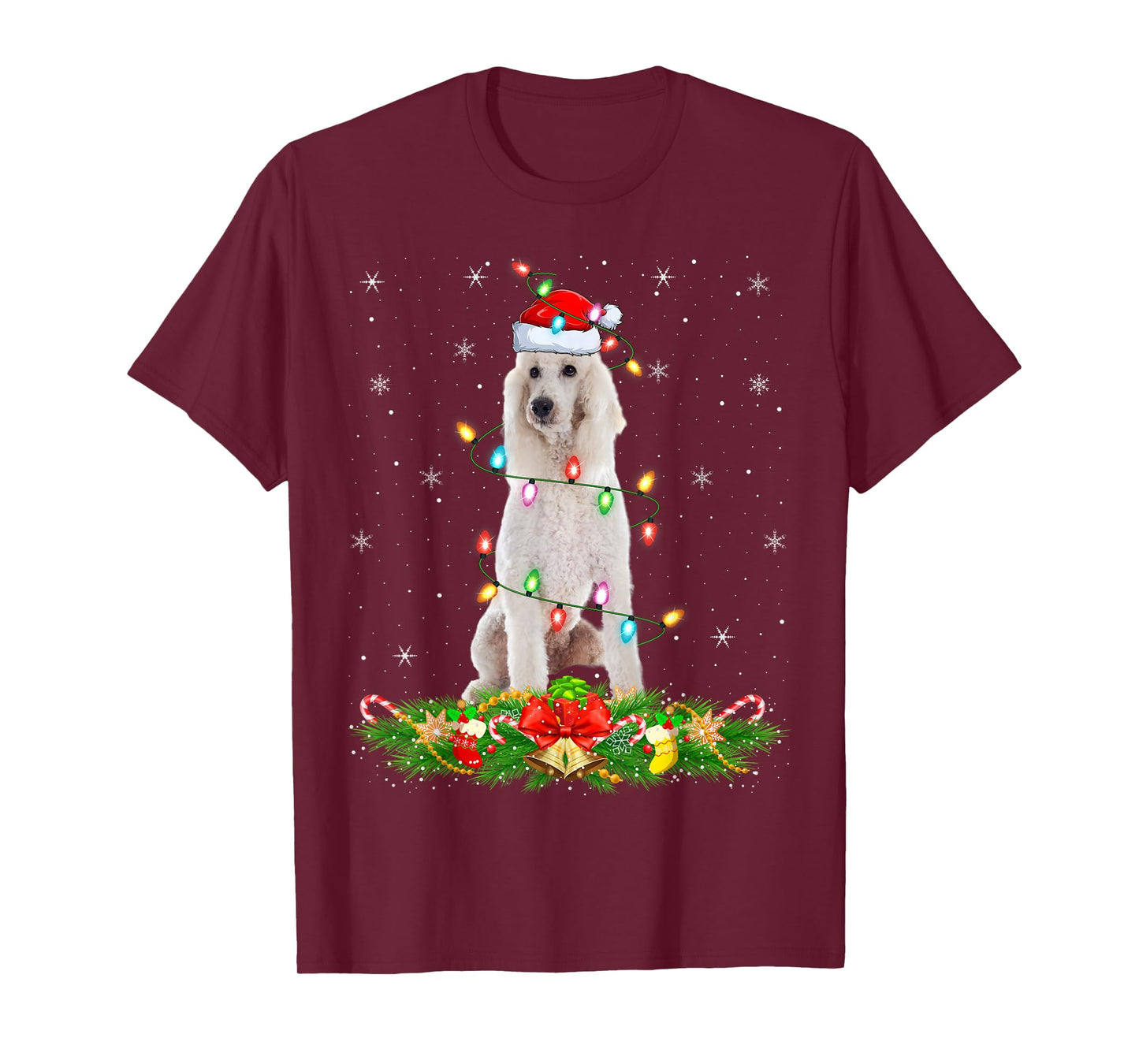 Standard Poodle Dog Christmas Lights Funny Santa Hat Xmas T-Shirt