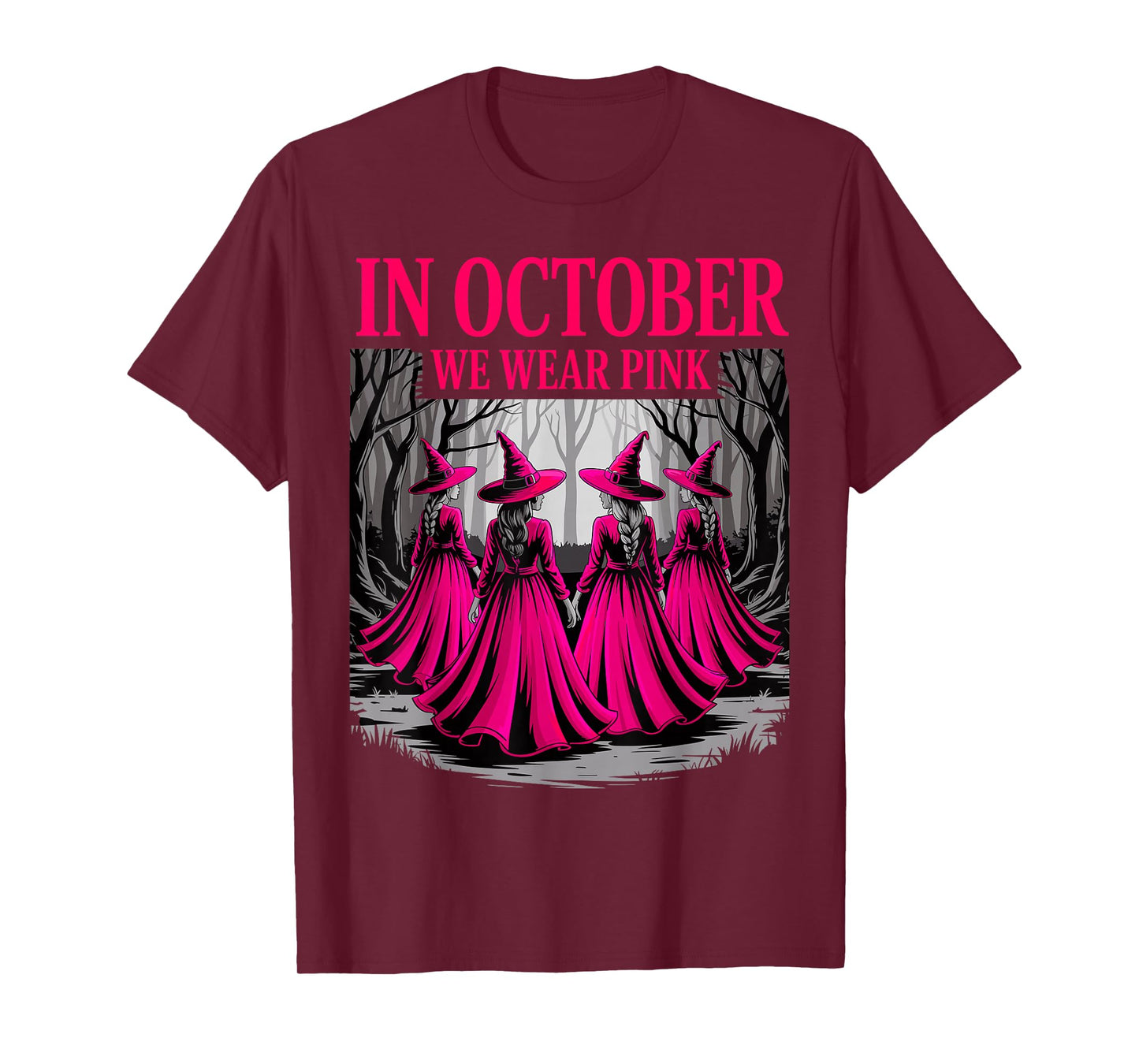 in October We Wear Pink Witch Breast Cancer Awareness Fall T-Shirt
