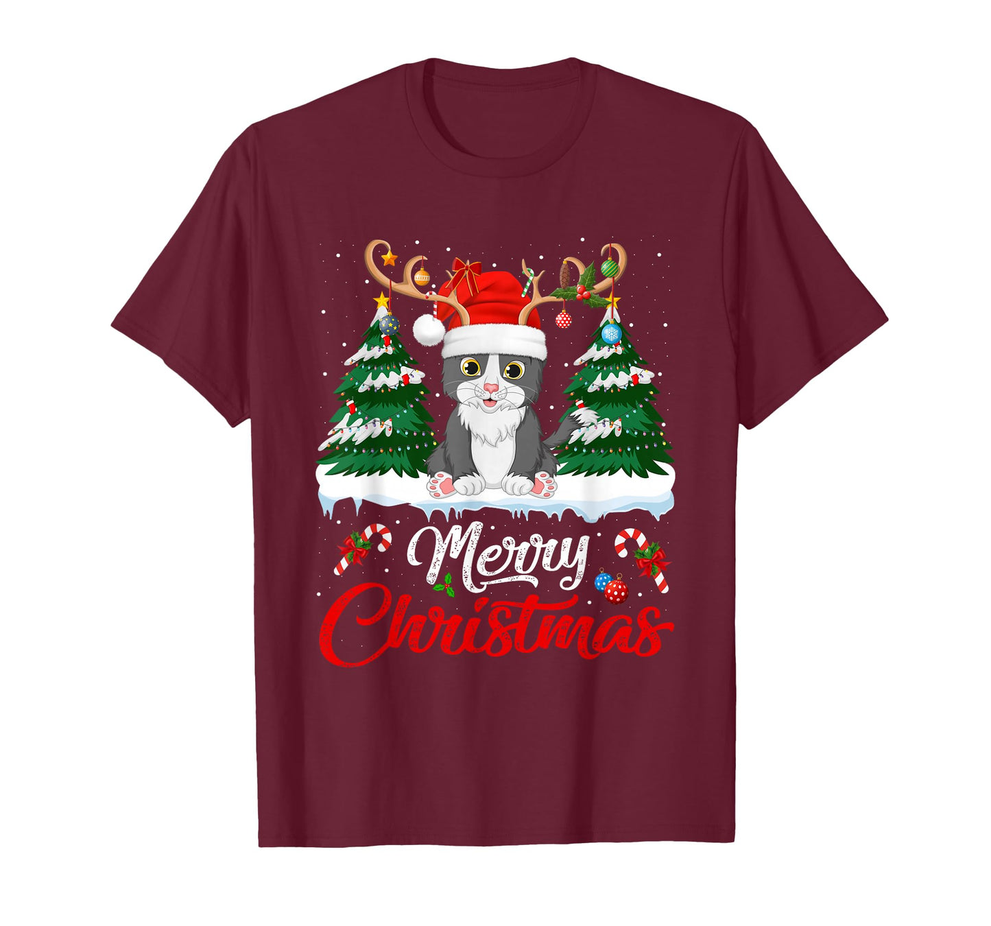 Cat Christmas Tree Lights Reindeer Santa Hat Funny Cat Xmas T-Shirt
