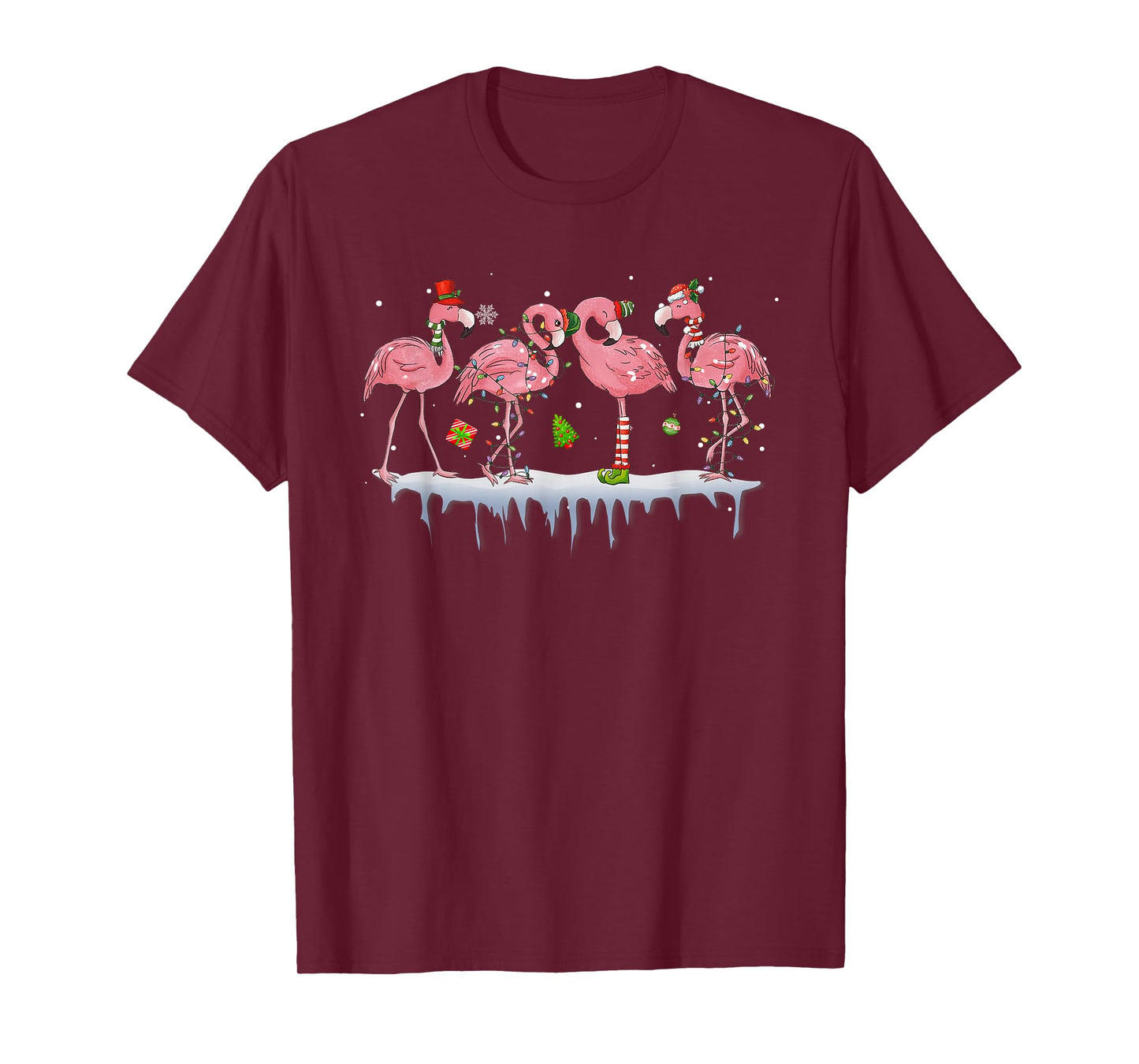 Pink Flamingo Hat Santa Merry Christmas Lights Womens Girls T-Shirt