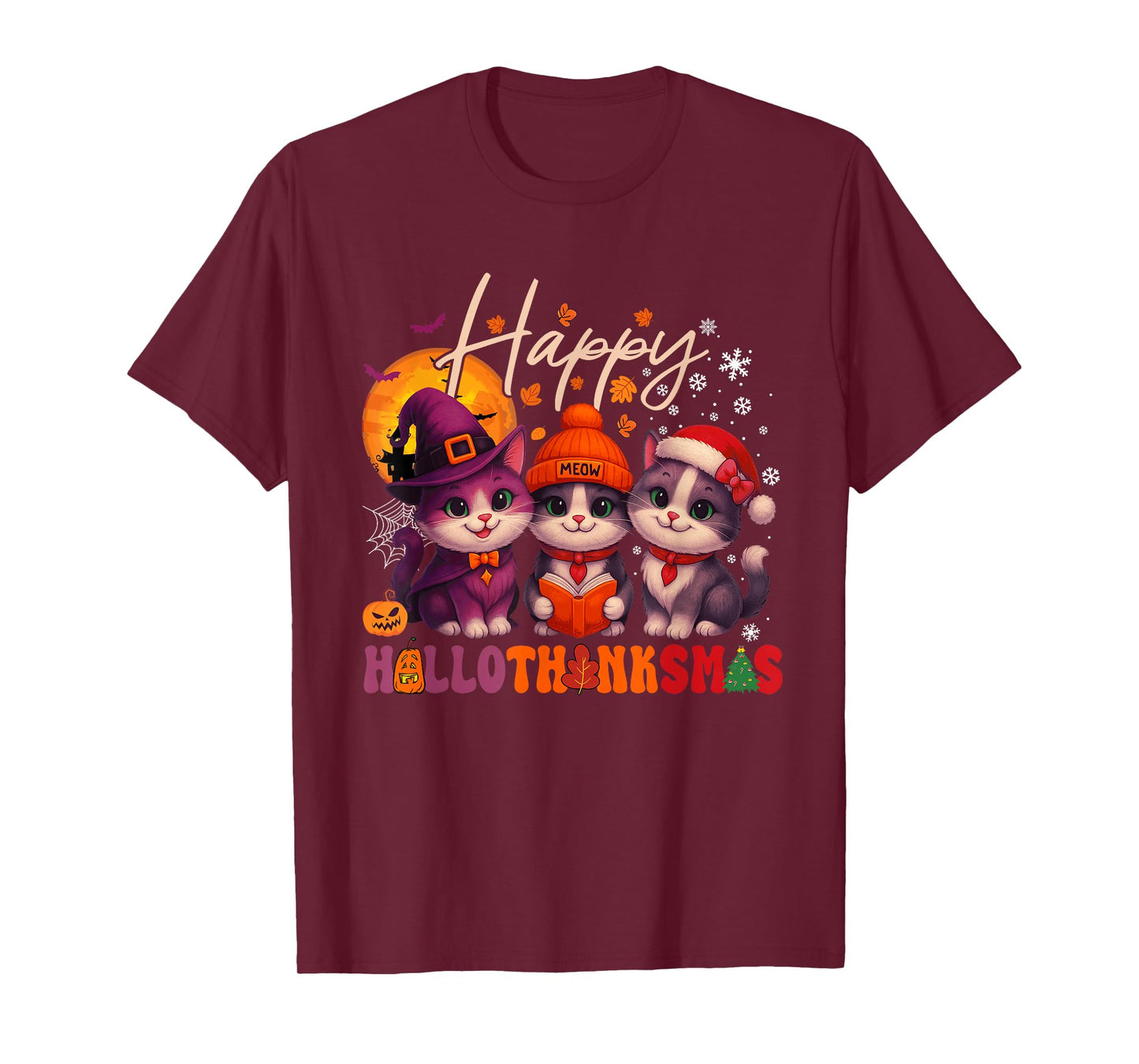 Happy HalloThanksMas Cats Halloween Thanksgiving Christmas T-Shirt