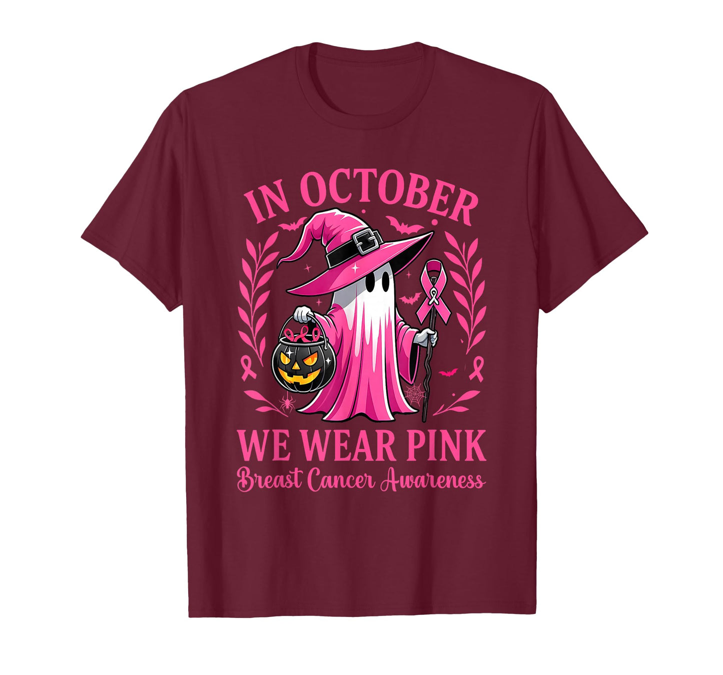 Halloween Pink Ghost Witch Breast Cancer Awareness Women T-Shirt
