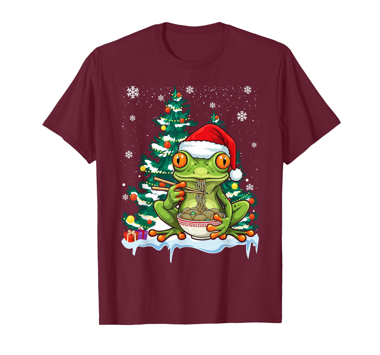 Frog Eating Ramen Santa Hat Christmas Pajama Japanese Food T-Shirt