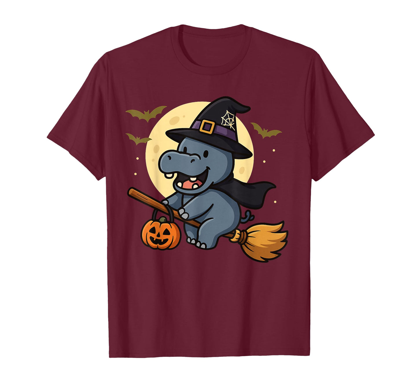 Cute Witch Hippo Halloween Outfit with Broom and Moon T-Shirt