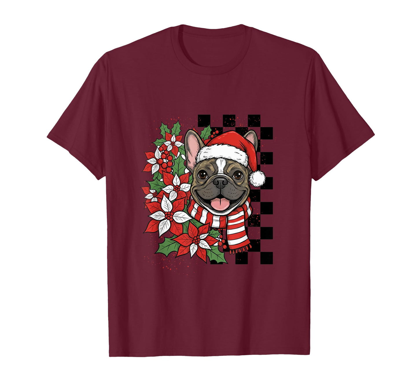 French Bulldog Christmas Frenchie Santa Checkerboard T-Shirt