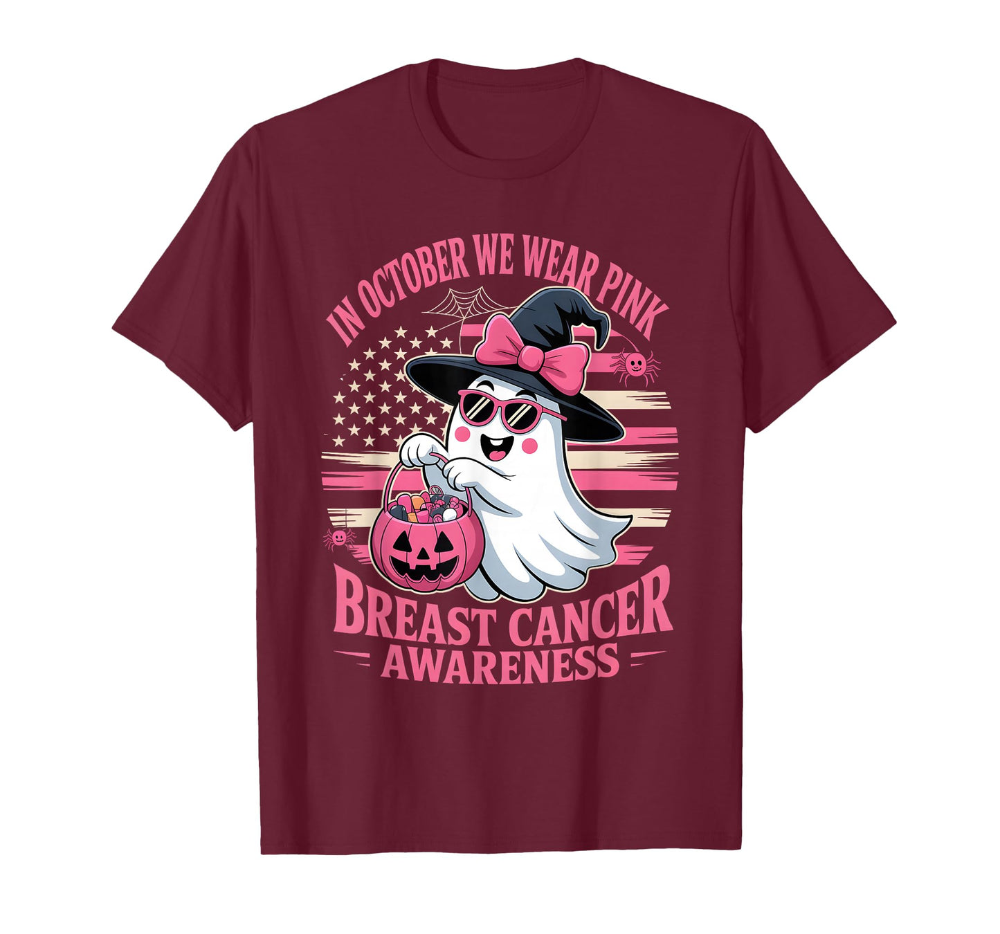 in October We Wear Pink Ghost Witch Breast Cancer Awareness T-Shirt