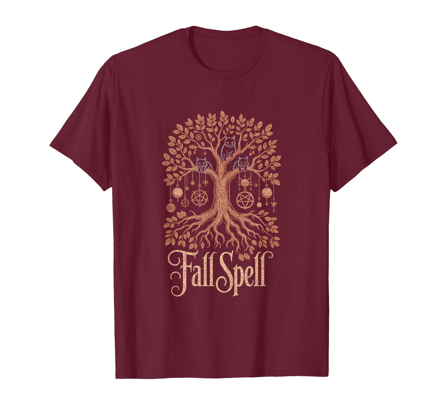 Fall Spell Tree Cats Pentagram Witchy Autumn Fall Halloween T-Shirt