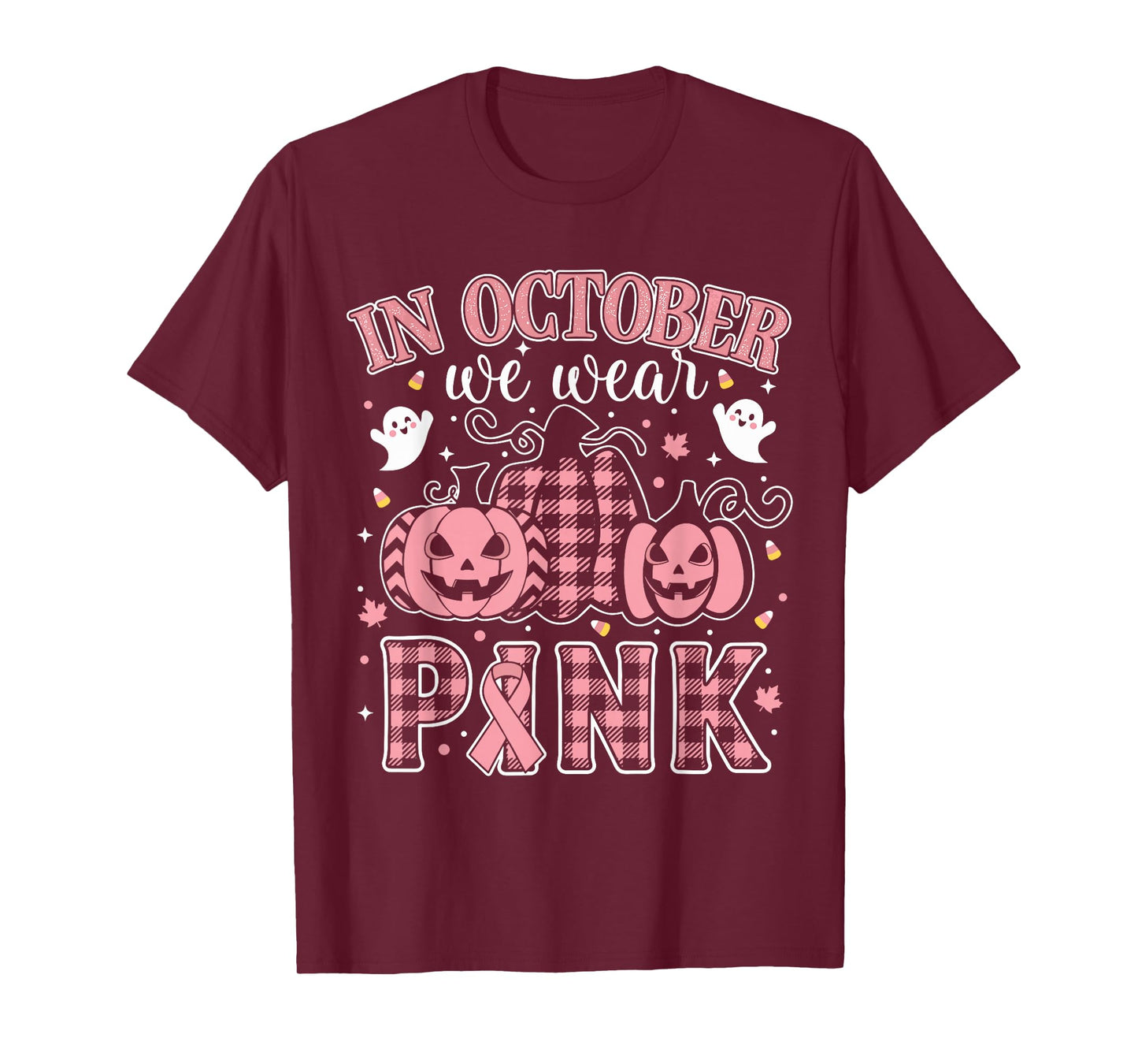 in October We Wear Pink Cute Ribbon with Pumpkin Ghost Art T-Shirt